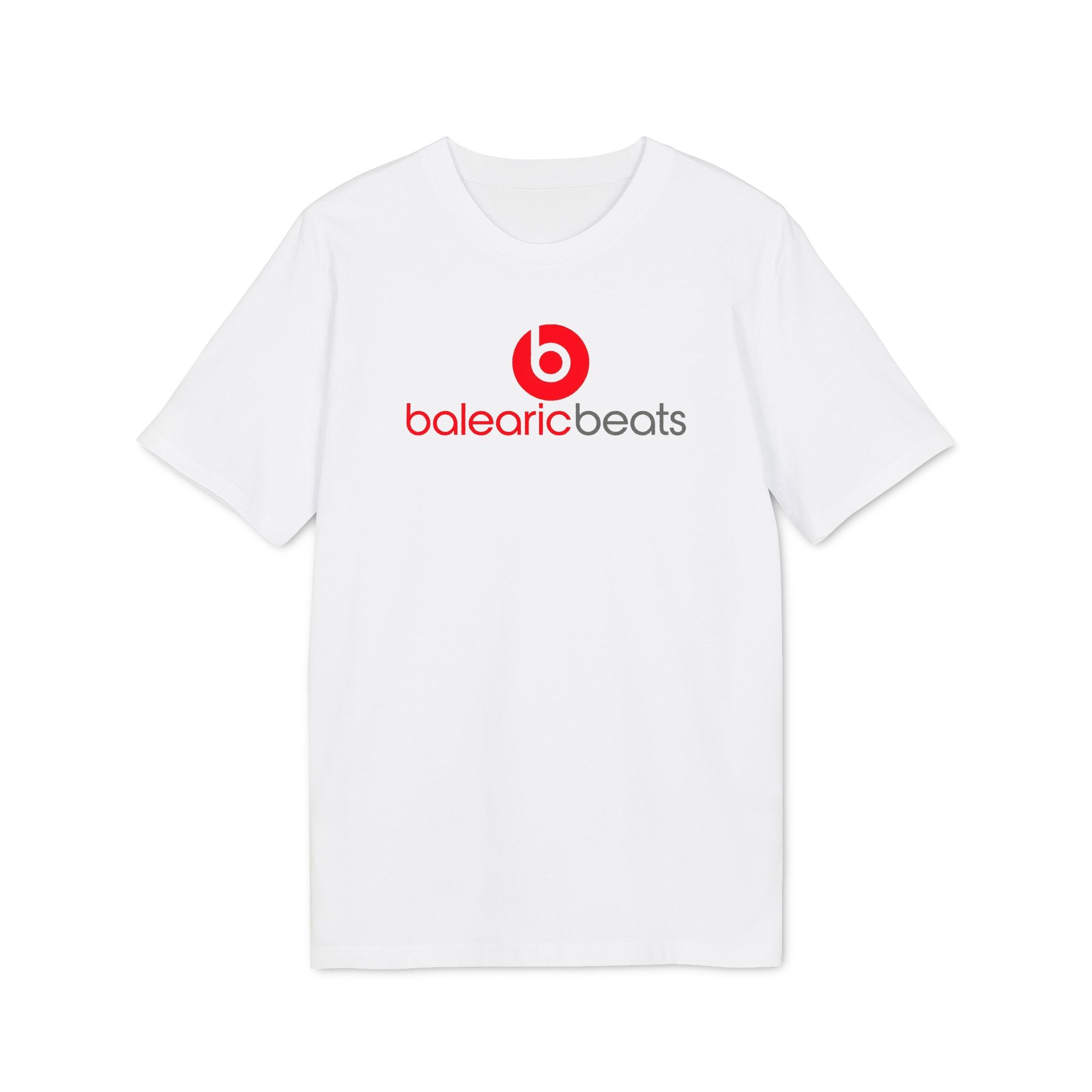Balearic Blend T-shirt: White colourway flat-lay showing red circular graphic print detail.