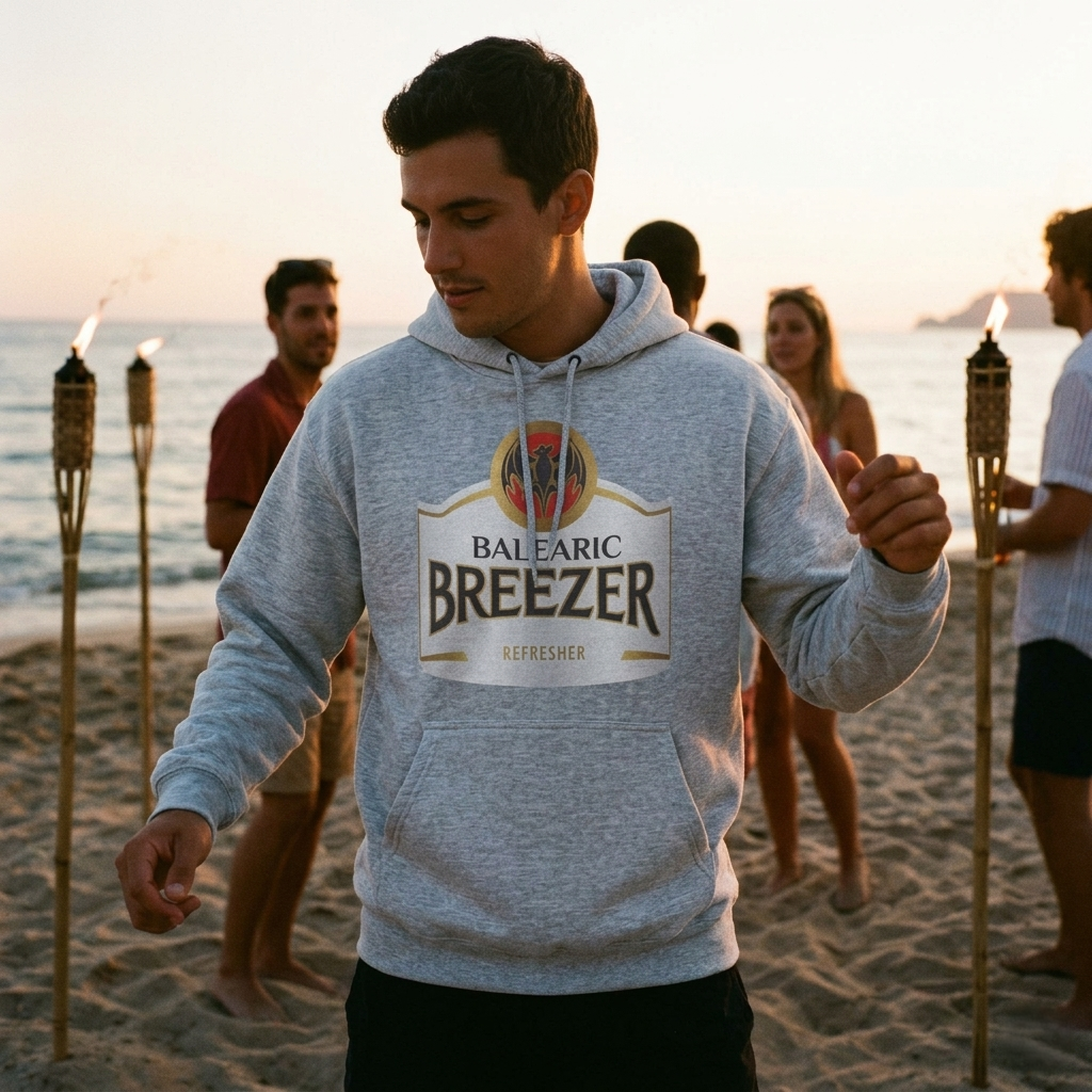 Man wearing a gray hoodie with 'Balearic Breezer' logo on a beach at sunset.