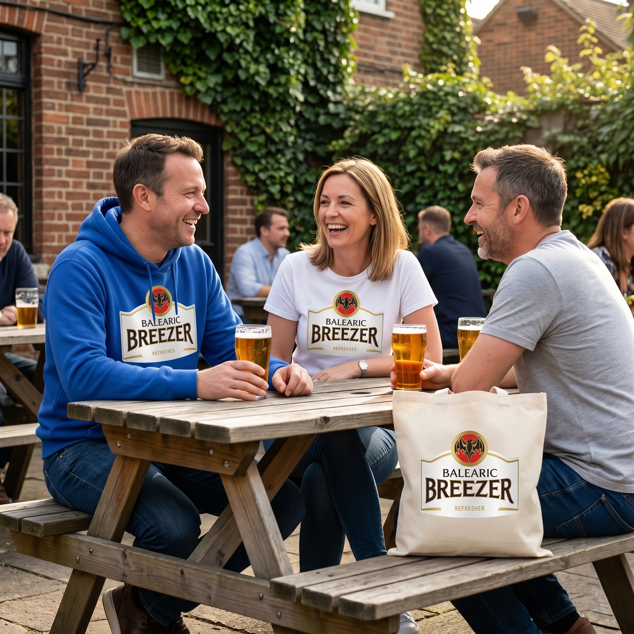 Three people sitting at a picnic table with Balearic Breezer branding, enjoying drinks outdoors.