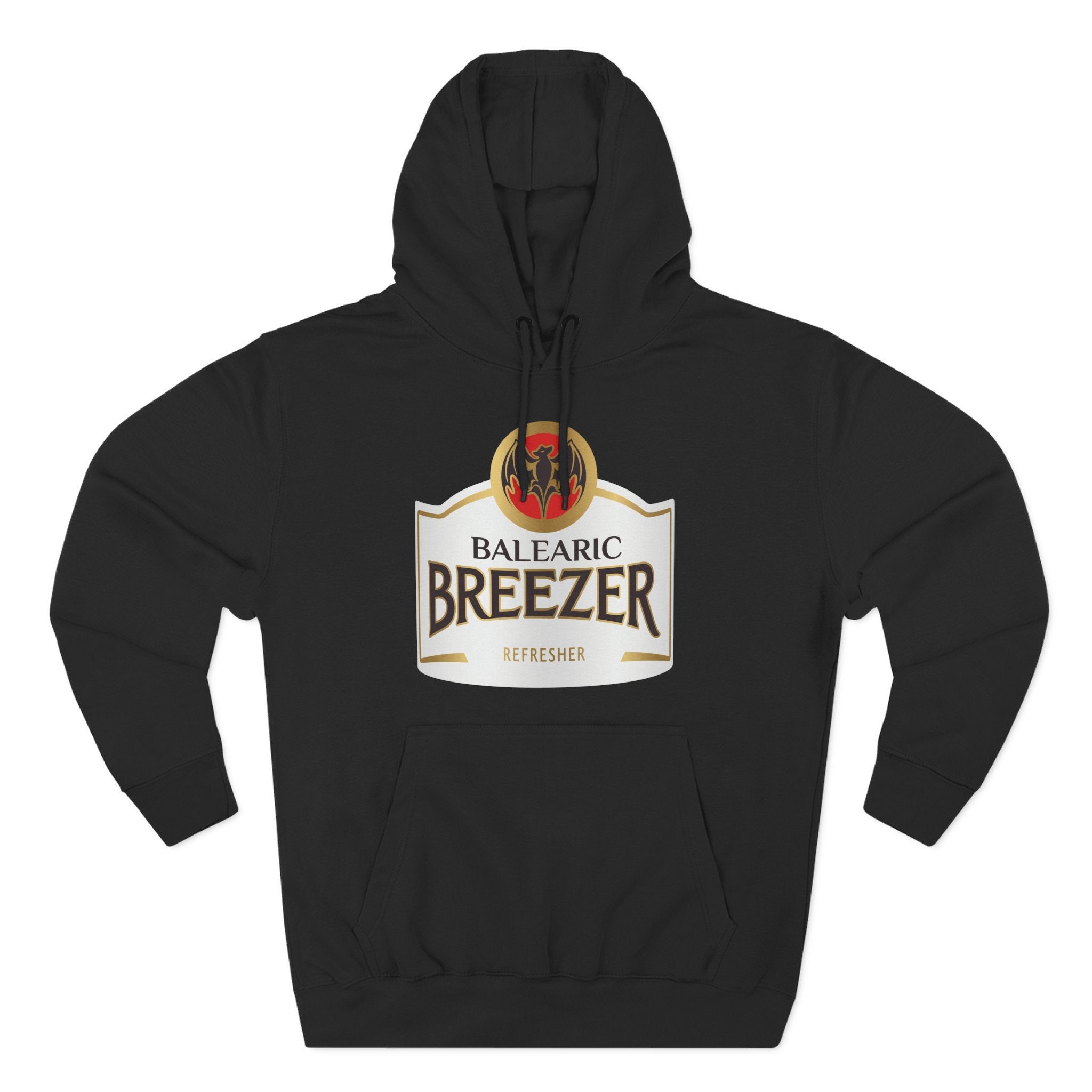 Balearic Breezer Hoodie Black colourway flat-lay showing the Balearic Breezer graphic print detail.