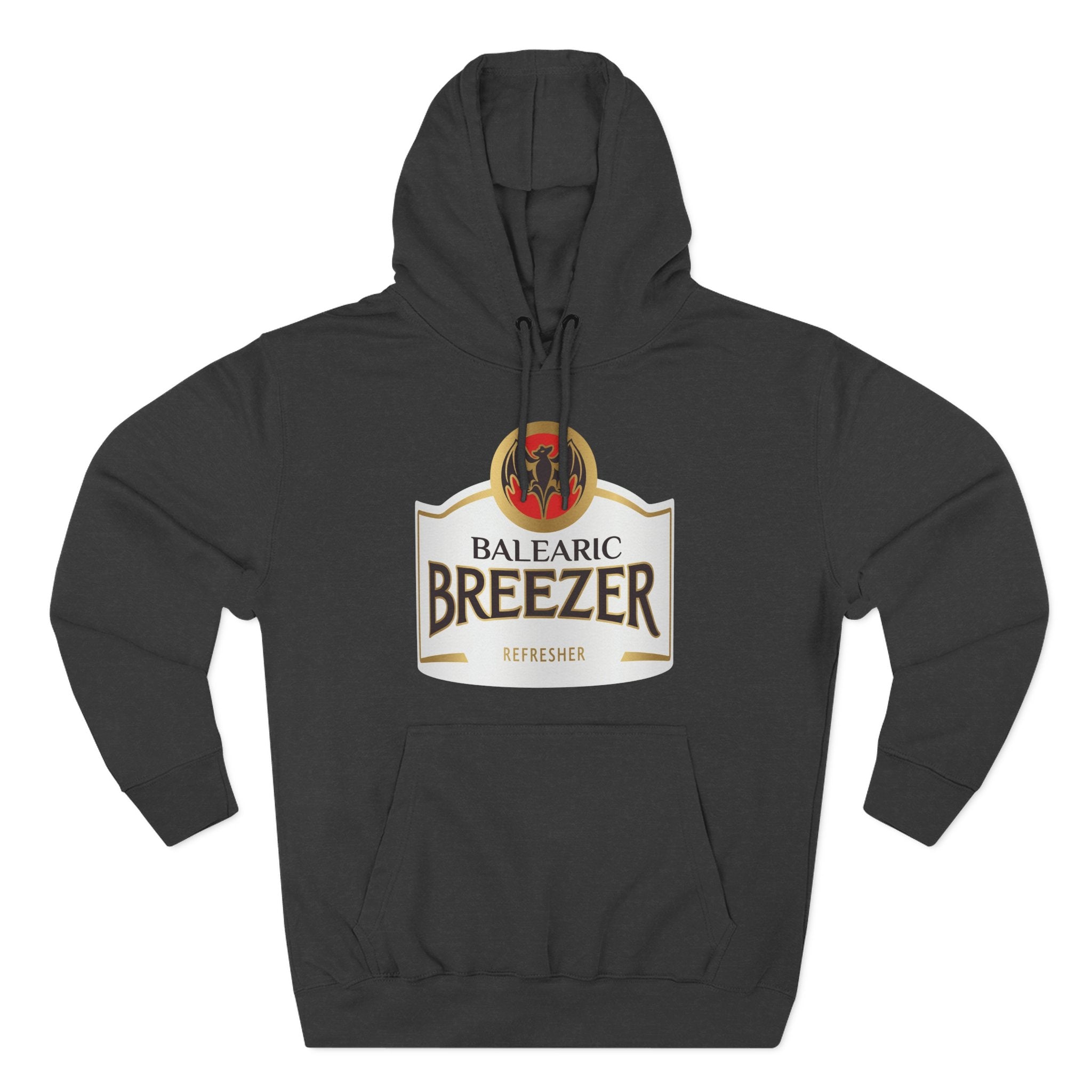 Balearic Breezer Hoodie Charcoal Heather colourway flat-lay showing the Balearic Breezer graphic print detail.
