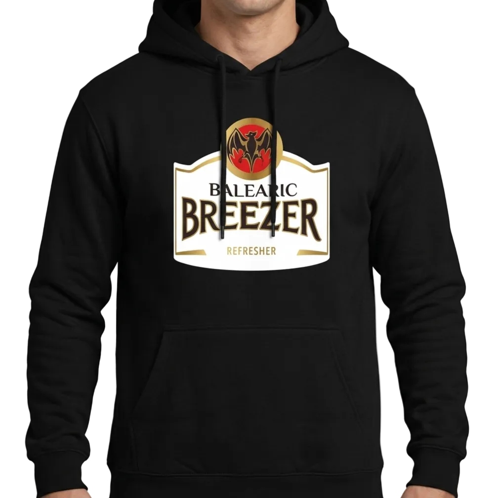 Balearic Breezer Hoodie Clean front-facing shot of the Balearic Breezer parody logo on a plain background.