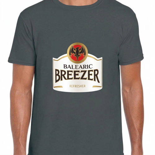 Balearic Blend T-shirt: Grey tee with detailed Balearic Breezer alcopop label graphic on the chest. Worn by a male.