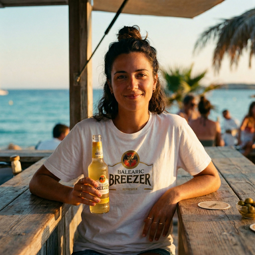 Balearic Blend T-shirt: White tee with Balearic Breezer graphic, worn at a beach bar with a bottle prop.