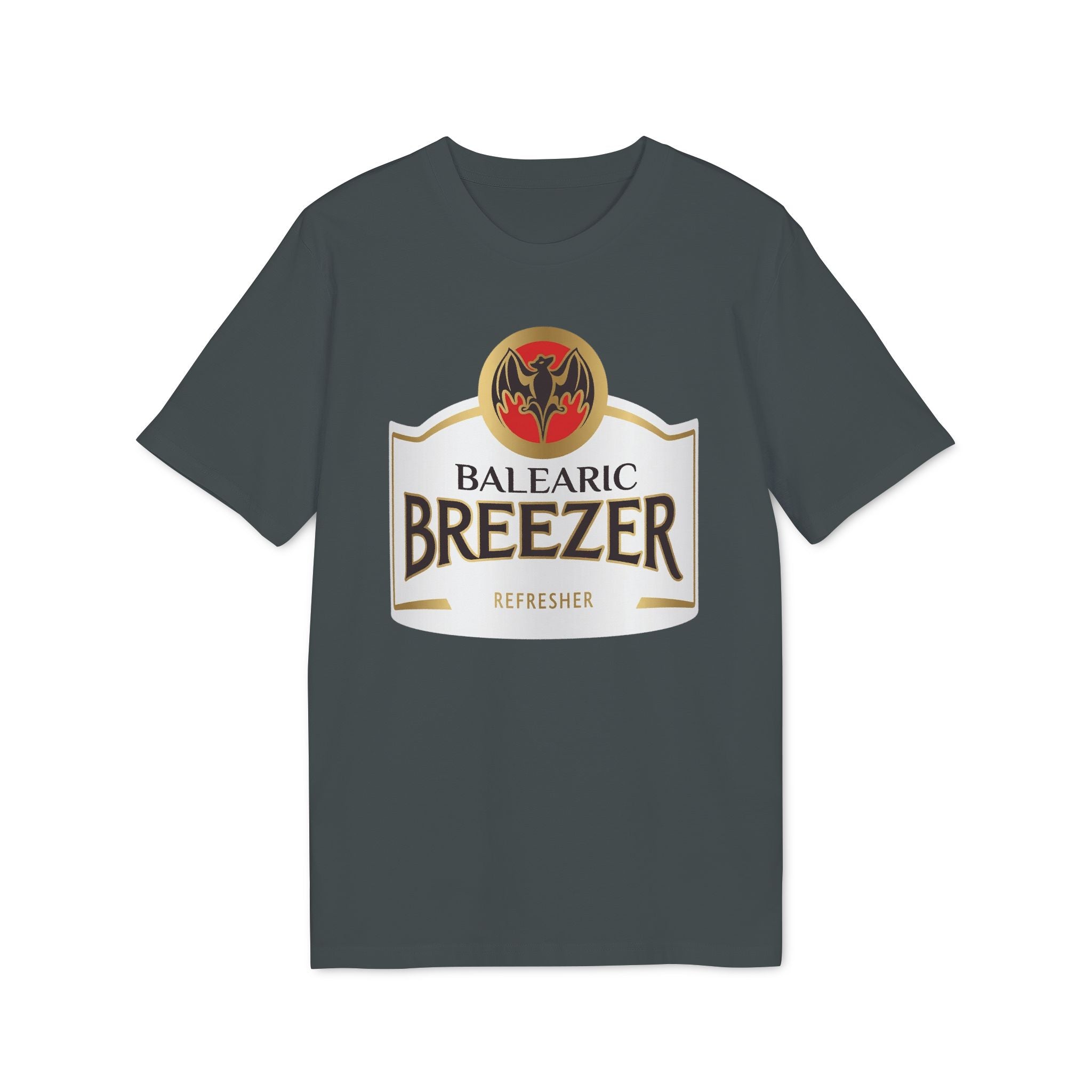 Balearic Blend T-shirt: Anthracite flat-lay of the Balearic Breezer graphic tee featuring the vibrant label.