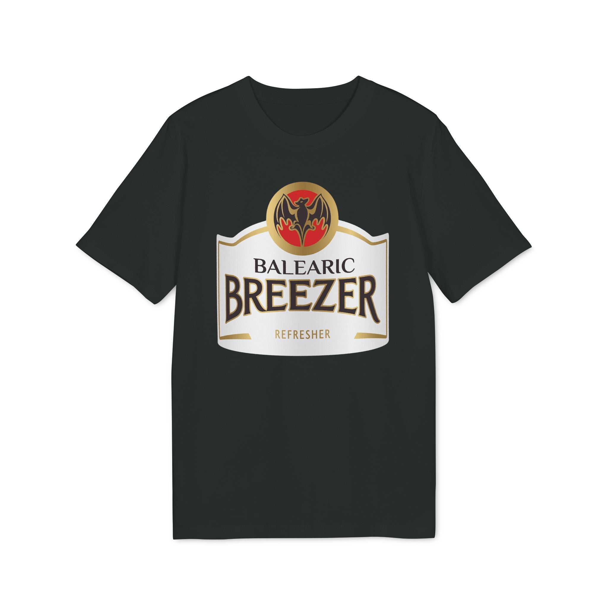 Balearic Blend T-shirt: Black flat-lay of the Balearic Breezer graphic tee featuring the vibrant label.