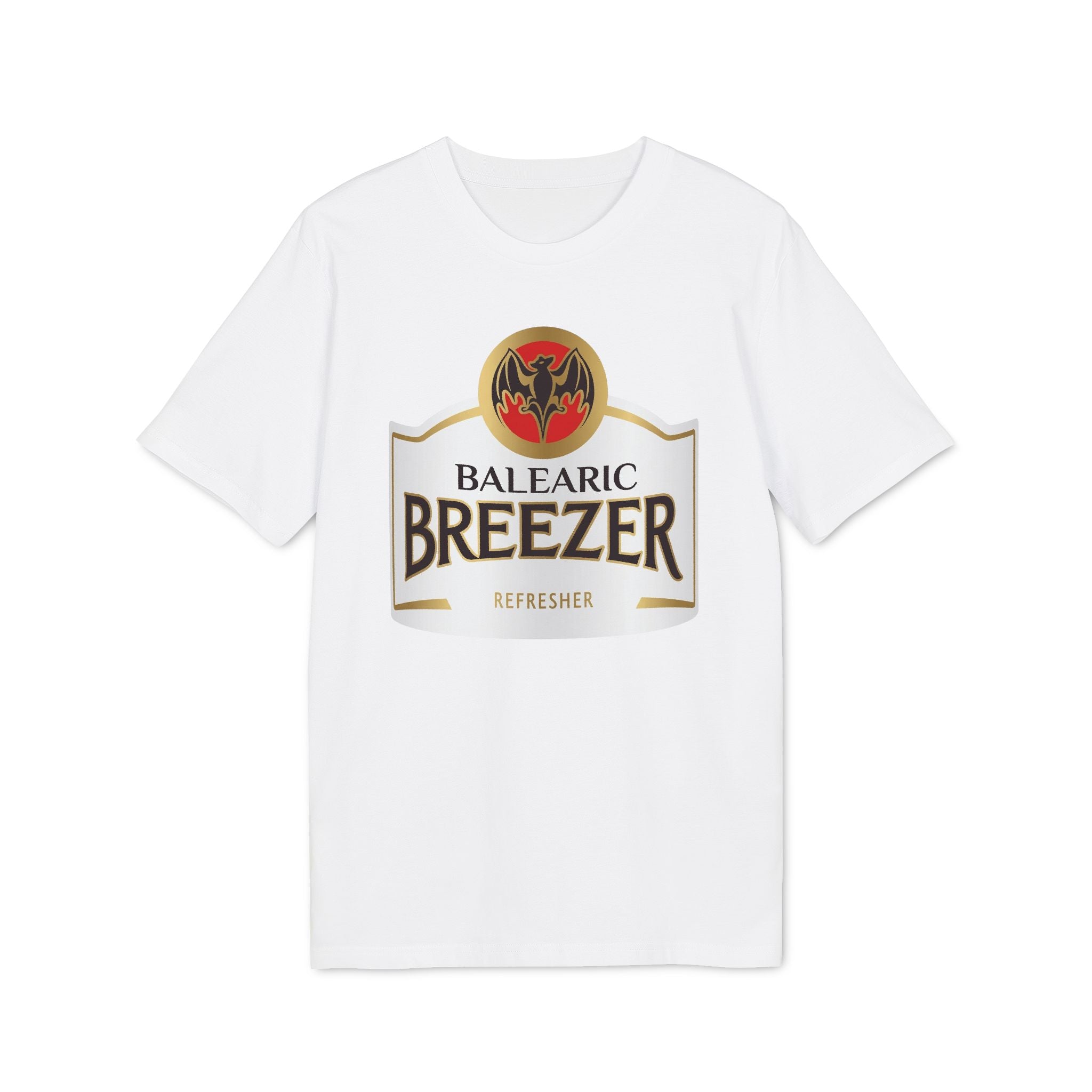 Balearic Blend T-shirt: White flat-lay of the Balearic Breezer graphic tee featuring the vibrant label.