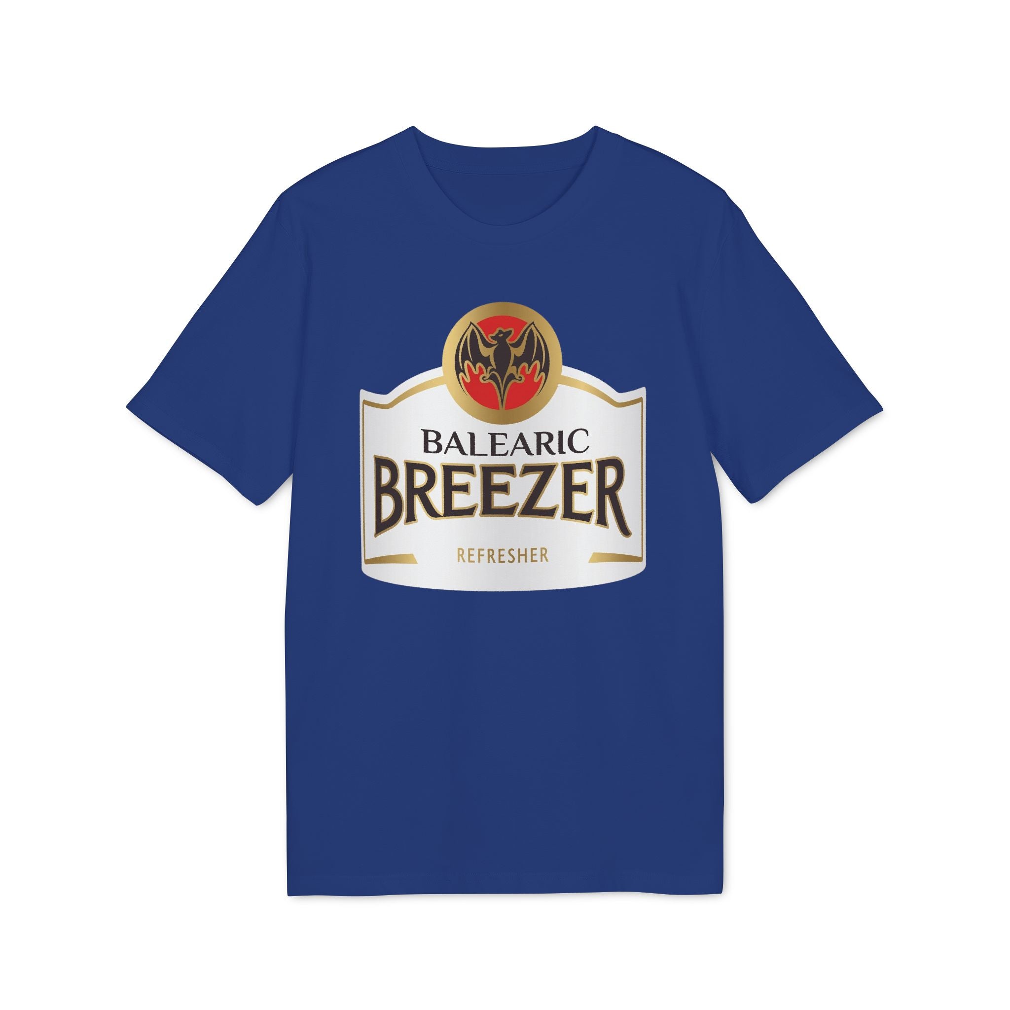 Balearic Blend T-shirt: Worker Blue flat-lay of the Balearic Breezer graphic tee featuring the vibrant label.
