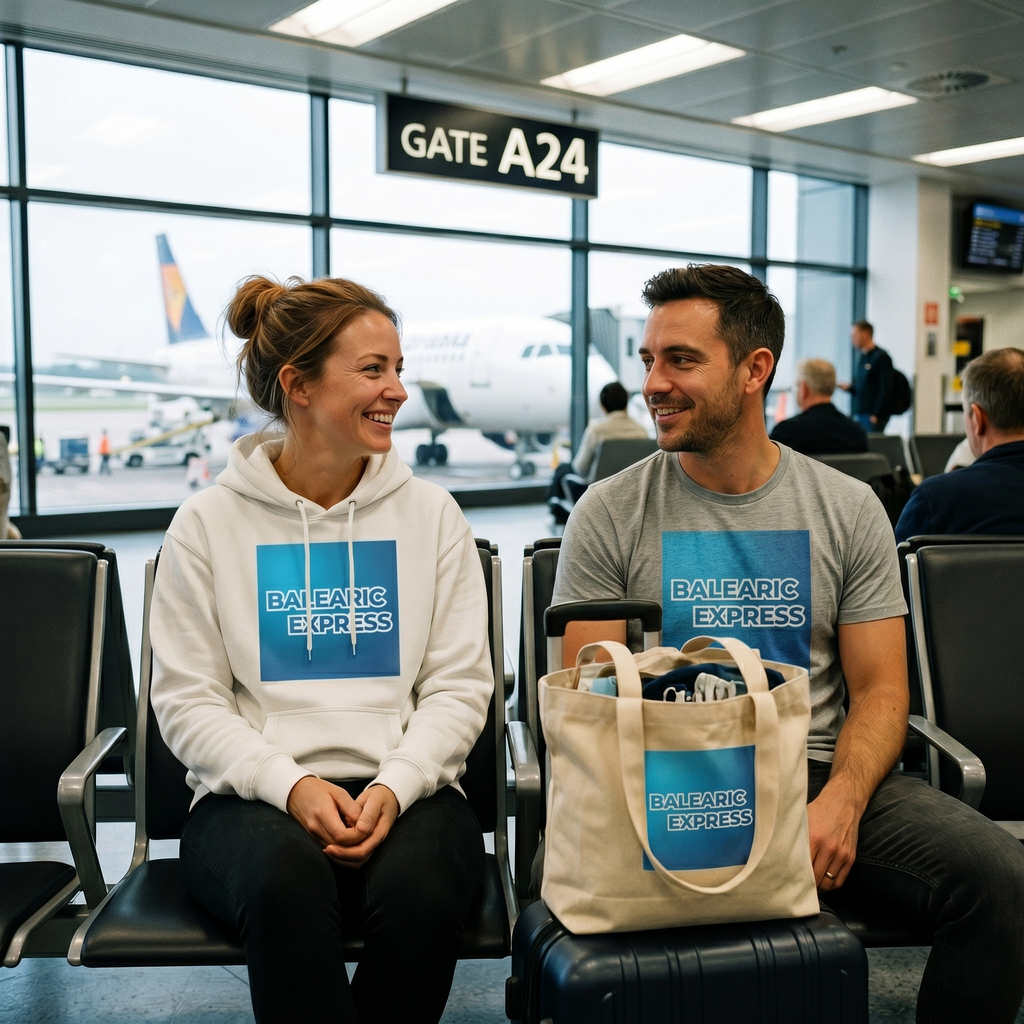 Two people sitting in an airport terminal with 'Balearic Express'  clothing and accessories branding.