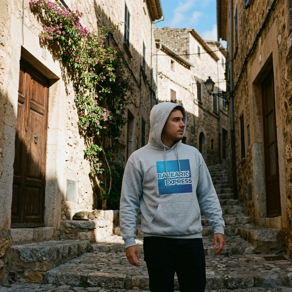 A man wearing a grey hoodie with a blue and white "BALEARIC EXPRESS" graphic on it walks down a cobblestone alley in a Mediterranean town on a sunny day, flanked by old stone buildings.