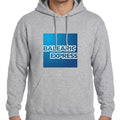 Balearic Express Hoodie: Showing the navy Balearic Express corporate parody design.