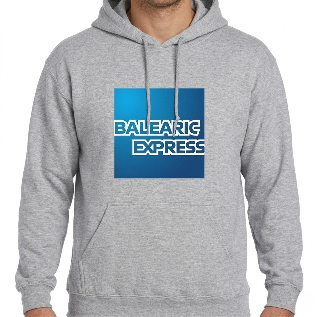 Balearic Express Hoodie: Showing the navy Balearic Express corporate parody design.