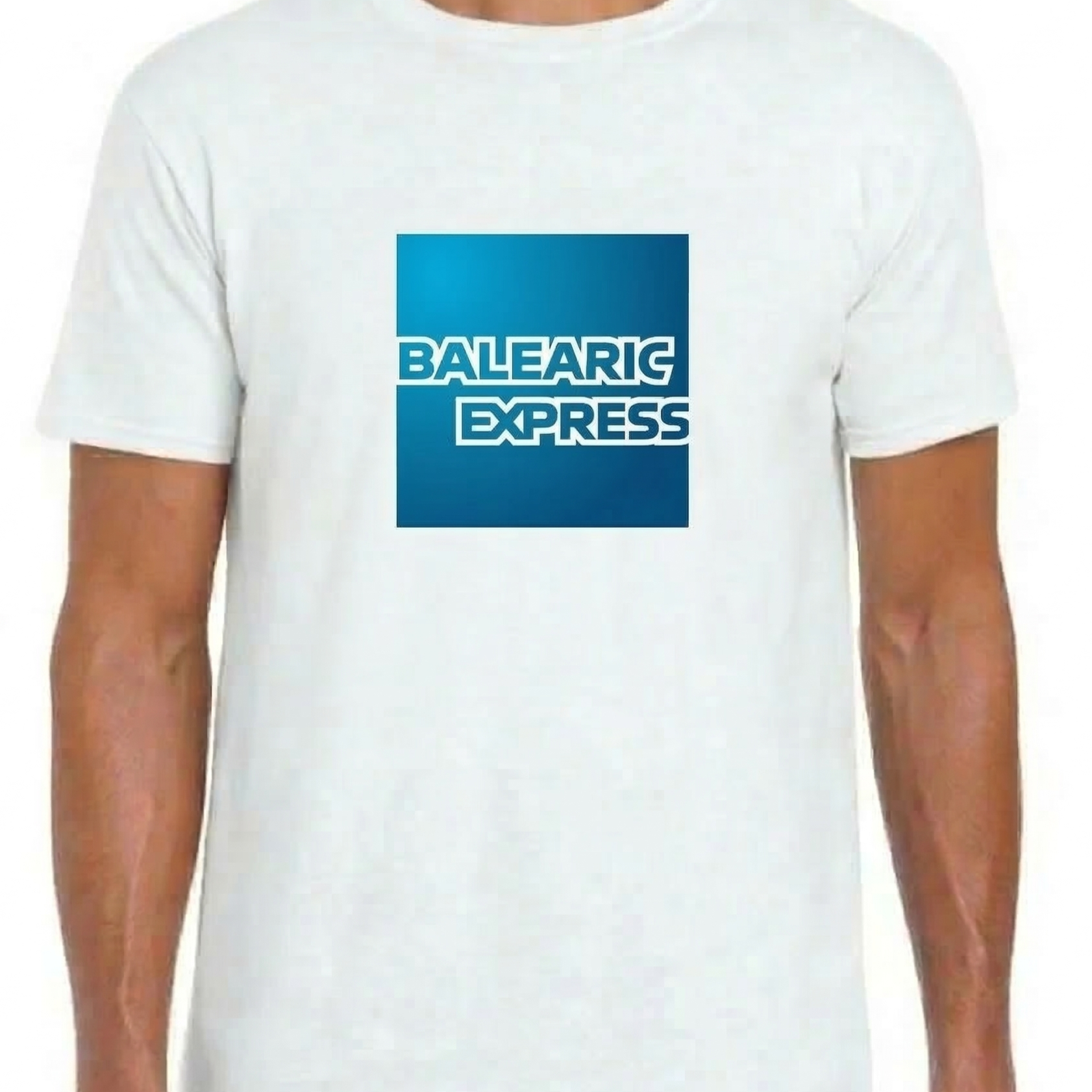 White t-shirt with 'Balearic Express' logo on a blue square background