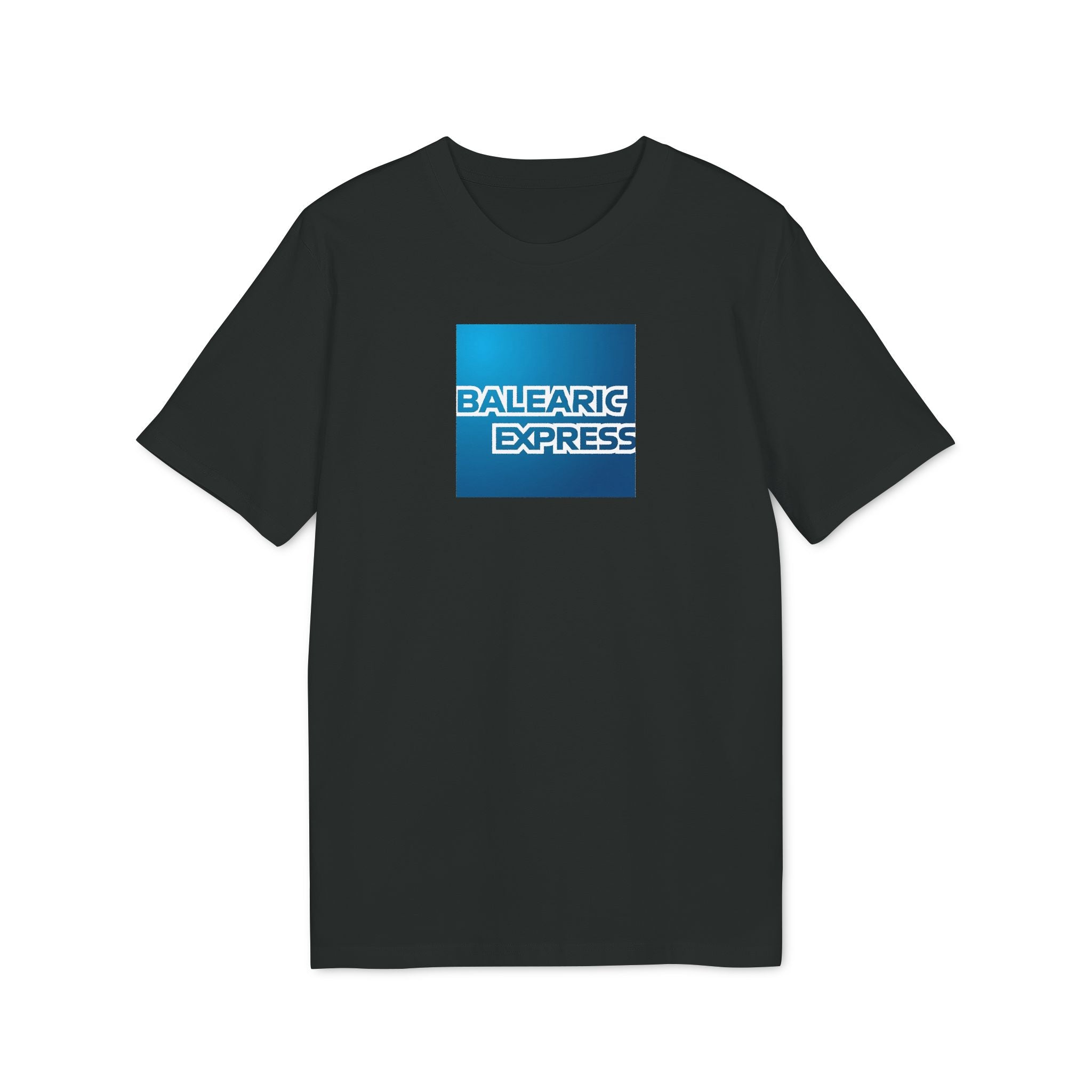 Black t-shirt with a blue square logo and 'Balearic Express' text on a white background