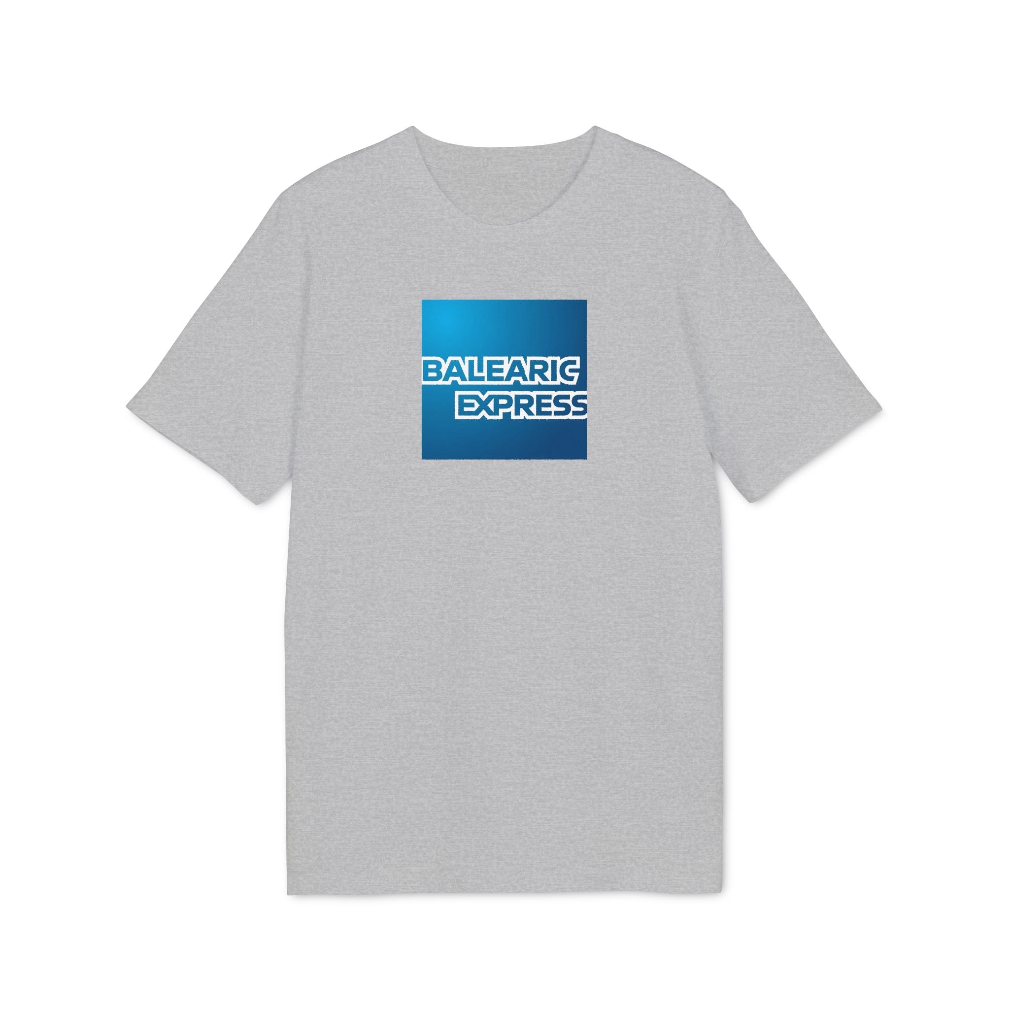 Gray t-shirt with a blue 'Balearic Express' logo on a white background