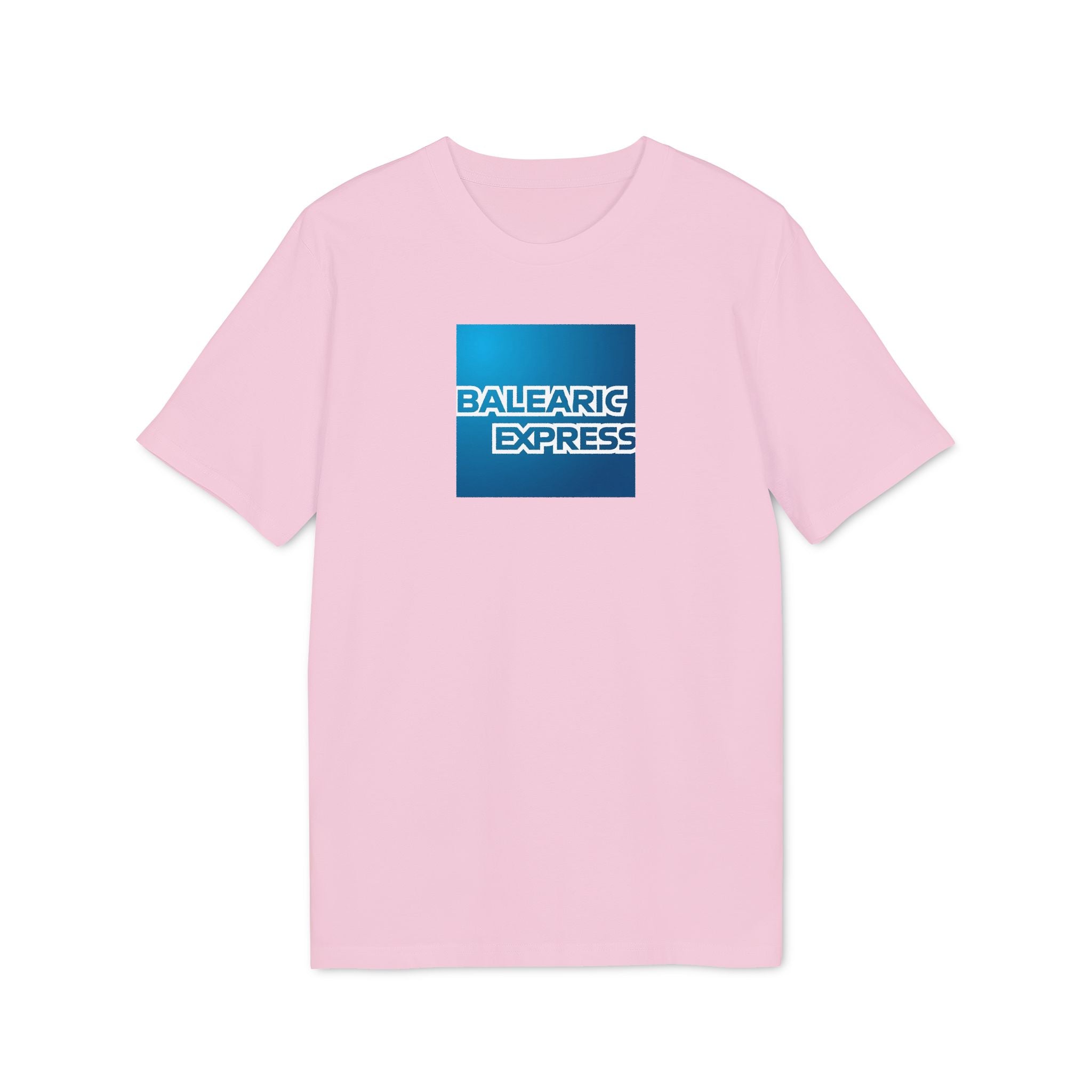 Pink t-shirt with a blue 'Balearic Express' logo on a white background