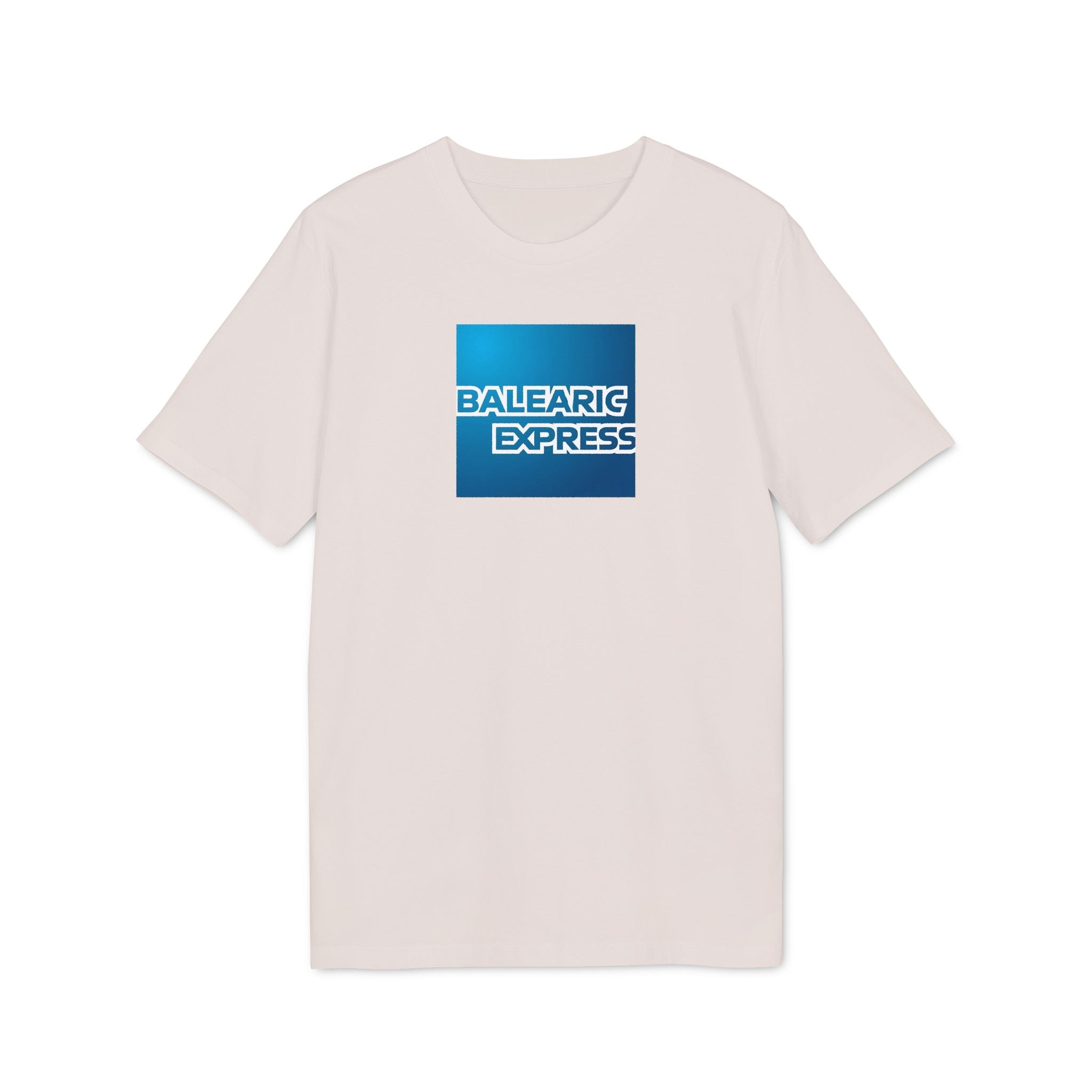 Vintage White t-shirt with a blue 'Balearic Express' logo on a white background