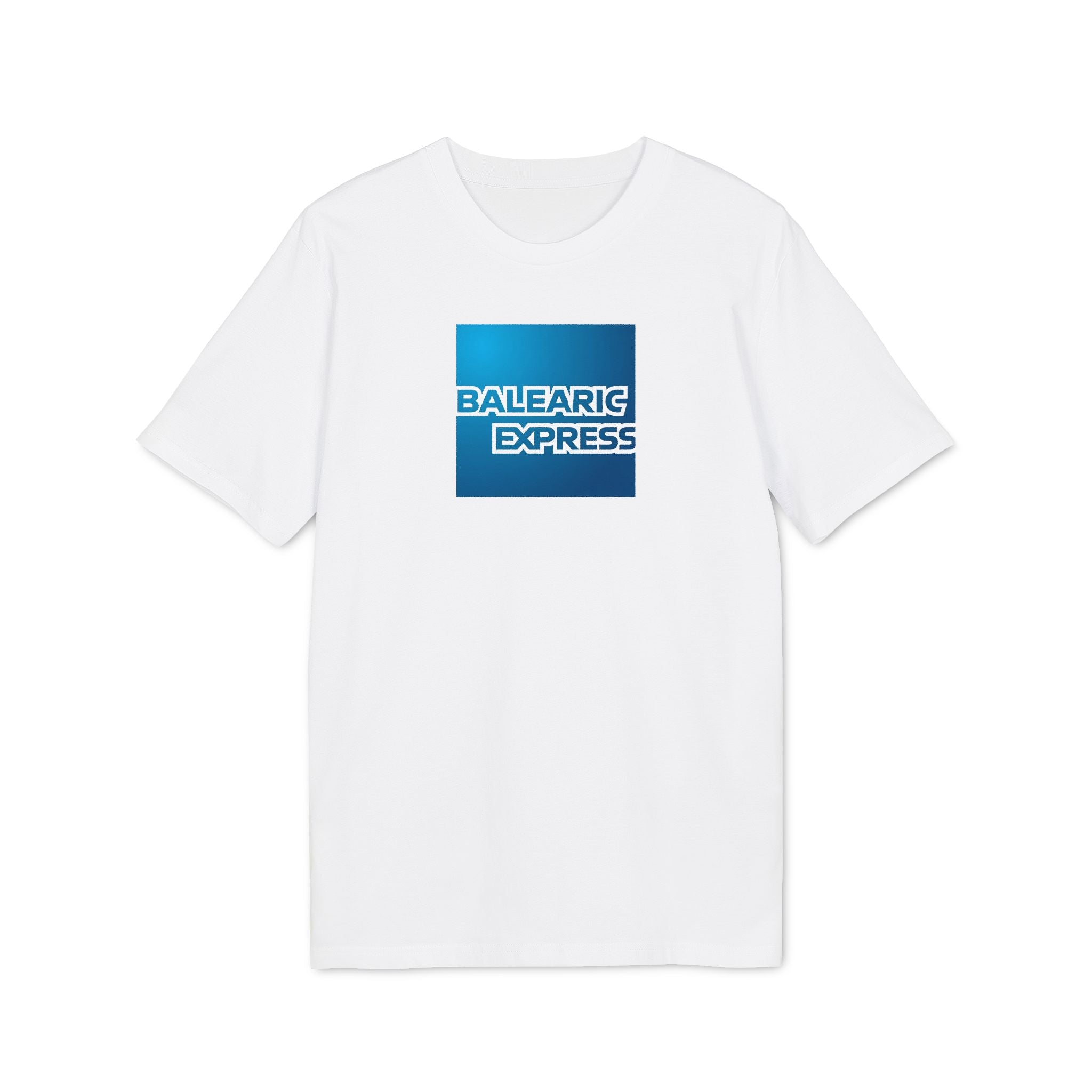 White t-shirt with blue 'Balearic Express' logo on a white background