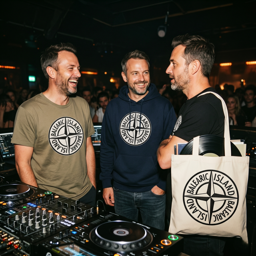 Three men standing around DJ equipment at a music event, wearing 'Balearic Island' branded clothing and a tote bag.