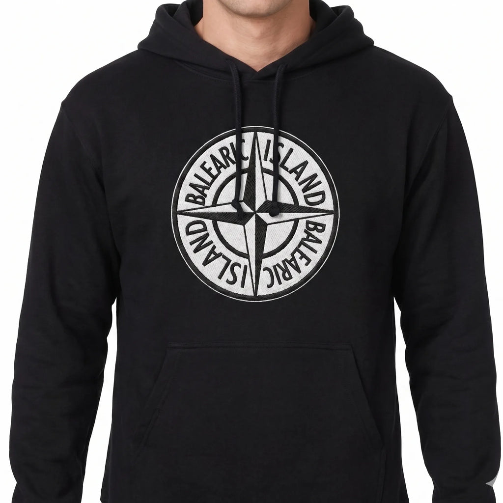 Black hoodie with Balearic Island Badge design on a white background