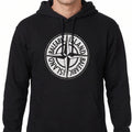Black hoodie with Balearic Island Badge design on a white background