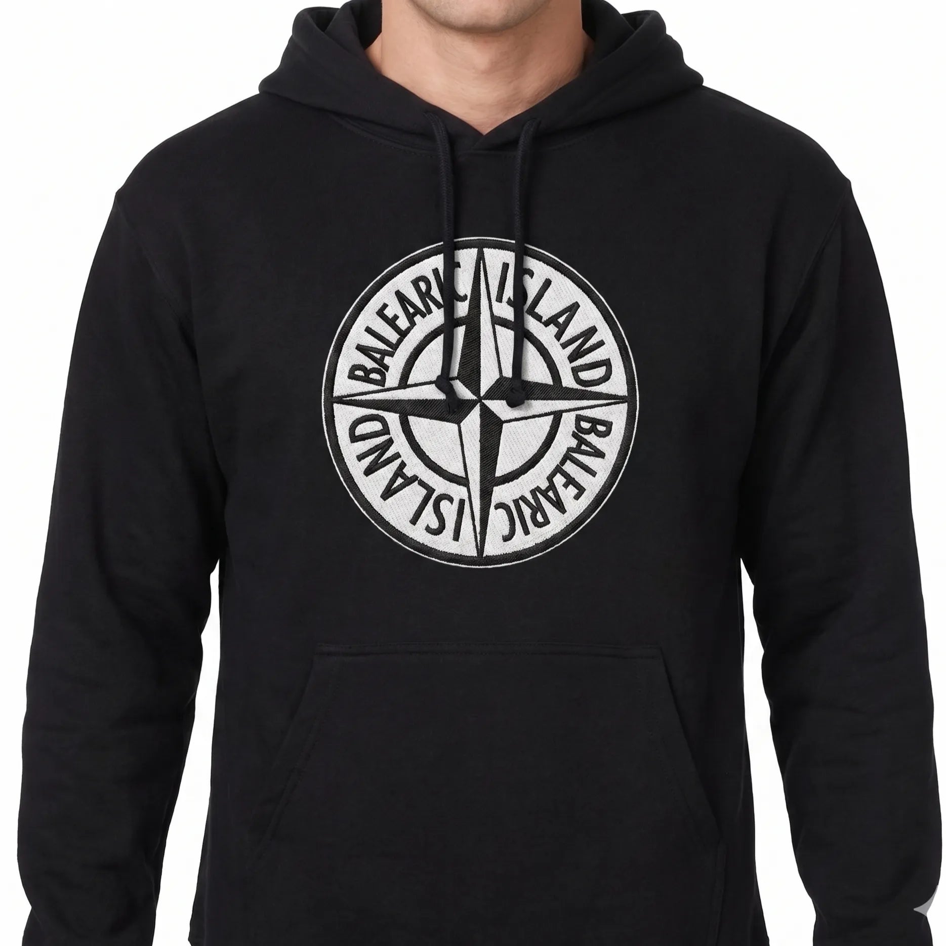 Black hoodie with Balearic Island Badge design on a white background