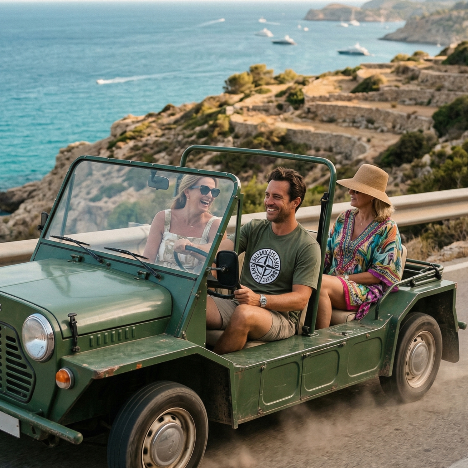 Balearic Blend T-shirt: Man drives a khaki green Moke on a dusty coastal road, wearing a matching Balearic Island Compass Badge tee.
