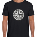 Balearic Blend T-shirt: Model wearing a black tee with a white and black Balearic Island compass badge graphic.