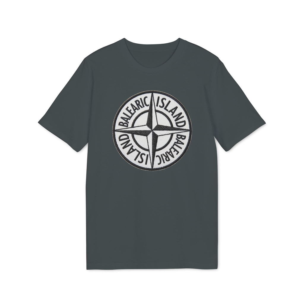 Balearic Blend T-shirt: Anthracite flat-lay of the compass badge graphic tee featuring a hyper-realistic patch print.