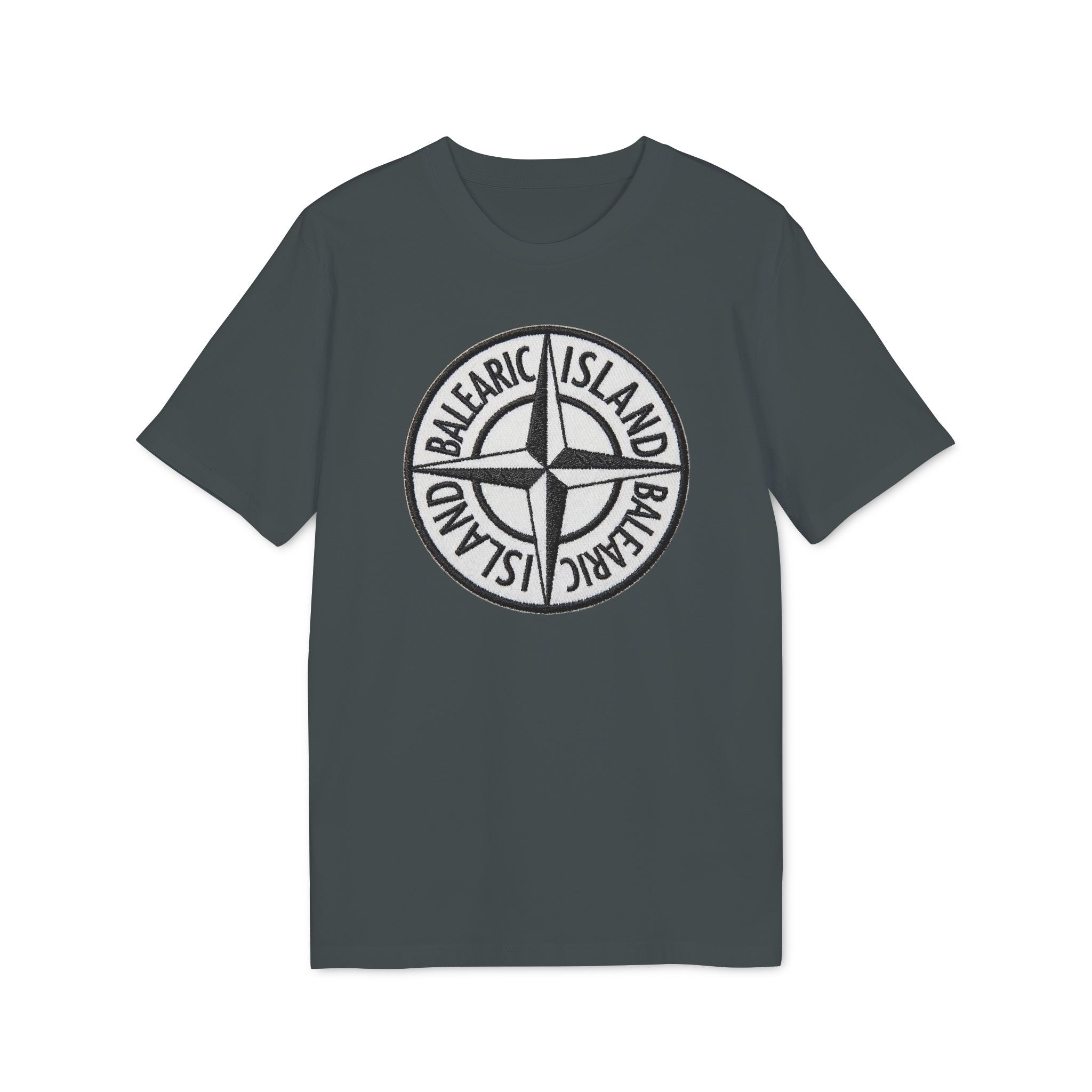 Balearic Blend T-shirt: Anthracite flat-lay of the compass badge graphic tee featuring a hyper-realistic patch print.