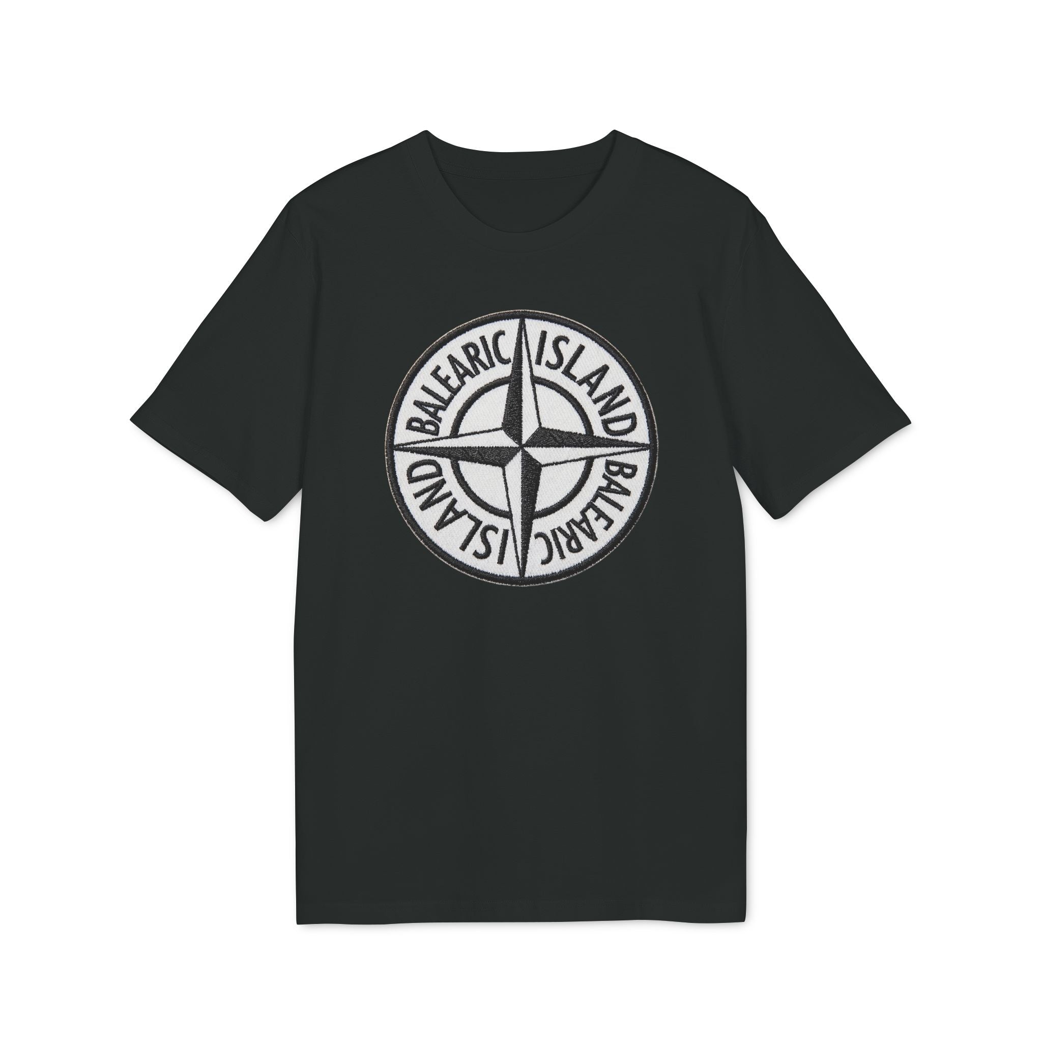 Balearic Blend T-shirt: Black flat-lay of the compass badge graphic tee featuring a hyper-realistic patch print.