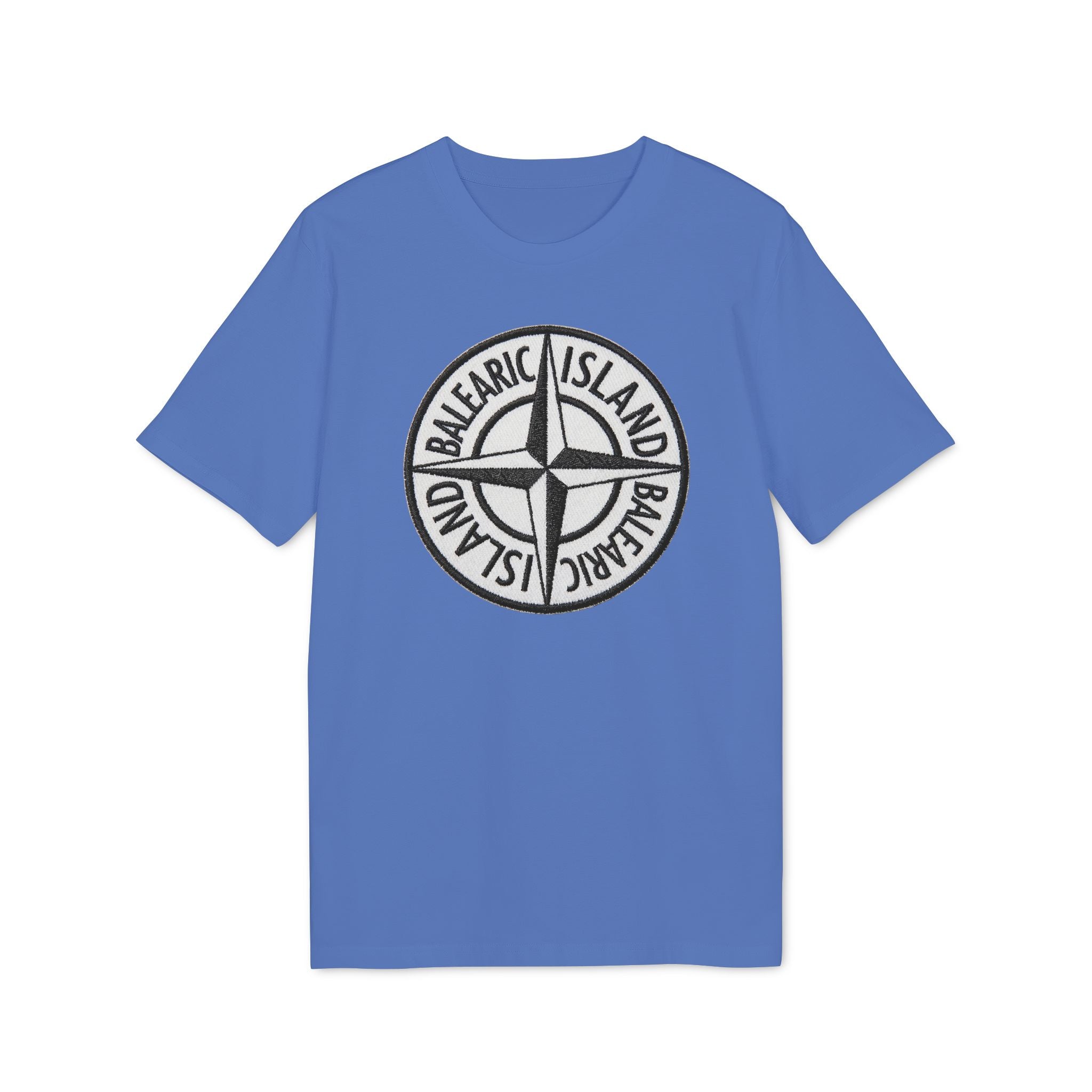 Balearic Blend T-shirt: Bright Blue flat-lay of the compass badge graphic tee featuring a hyper-realistic patch print.