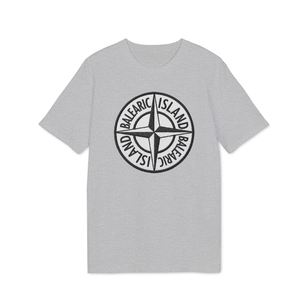 Balearic Blend T-shirt: Heather Grey flat-lay of the compass badge graphic tee featuring a hyper-realistic patch print.