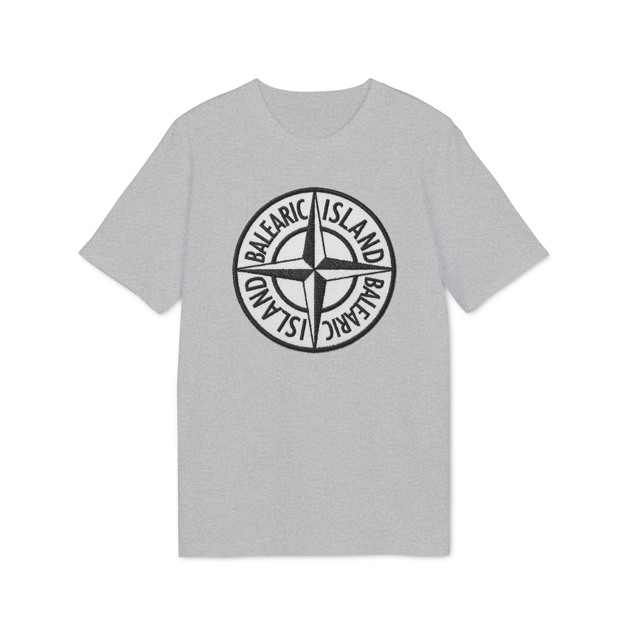 Balearic Blend T-shirt: Heather Grey flat-lay of the compass badge graphic tee featuring a hyper-realistic patch print.