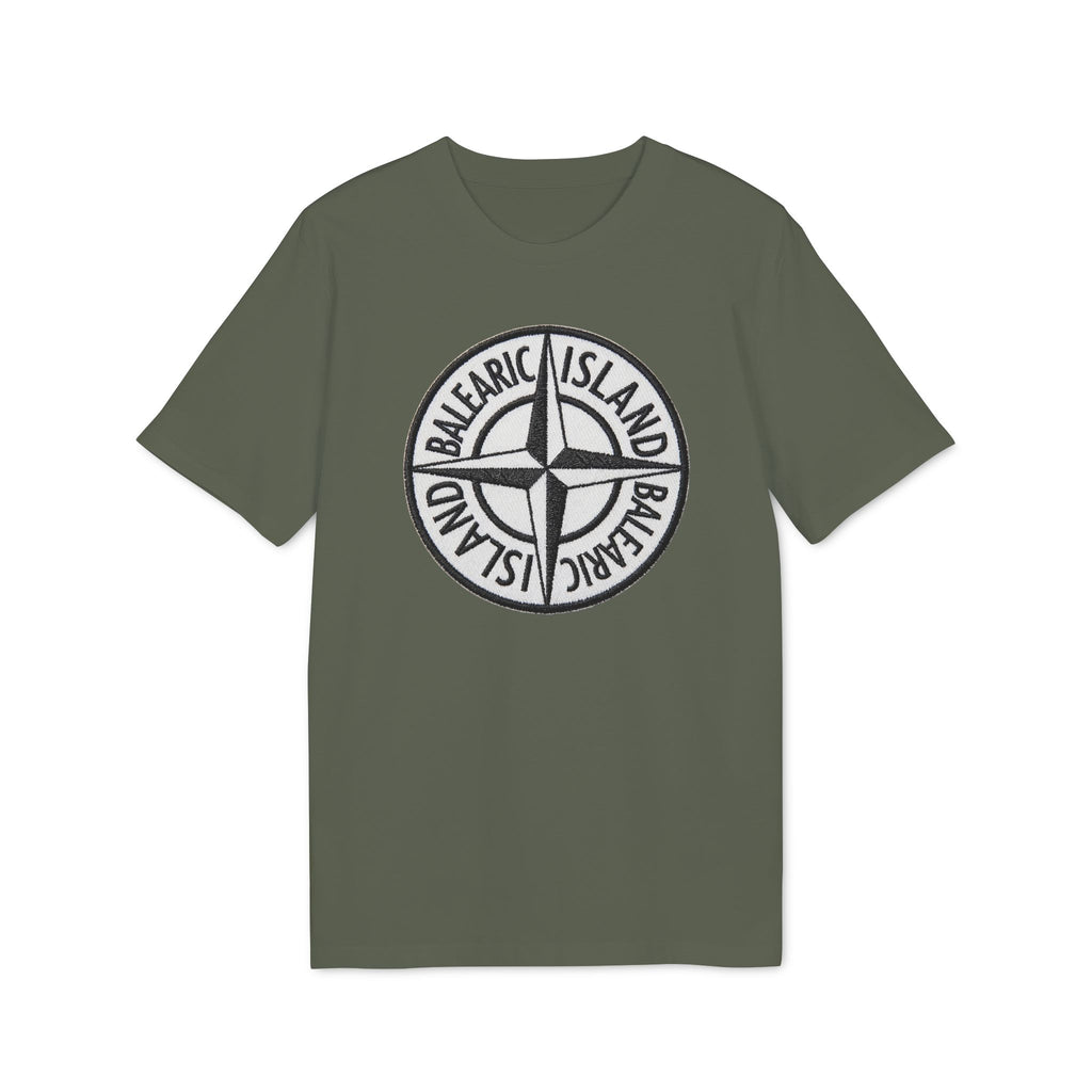 Balearic Blend T-shirt: Khaki flat-lay of the compass badge graphic tee featuring a hyper-realistic patch print.