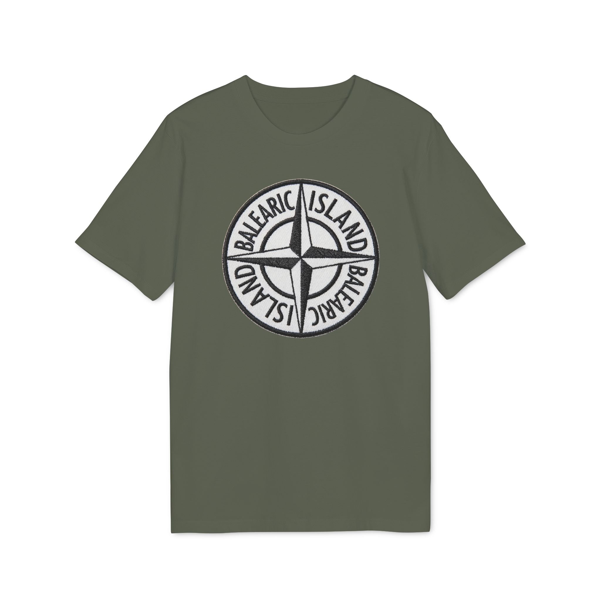 Balearic Blend T-shirt: Khaki flat-lay of the compass badge graphic tee featuring a hyper-realistic patch print.