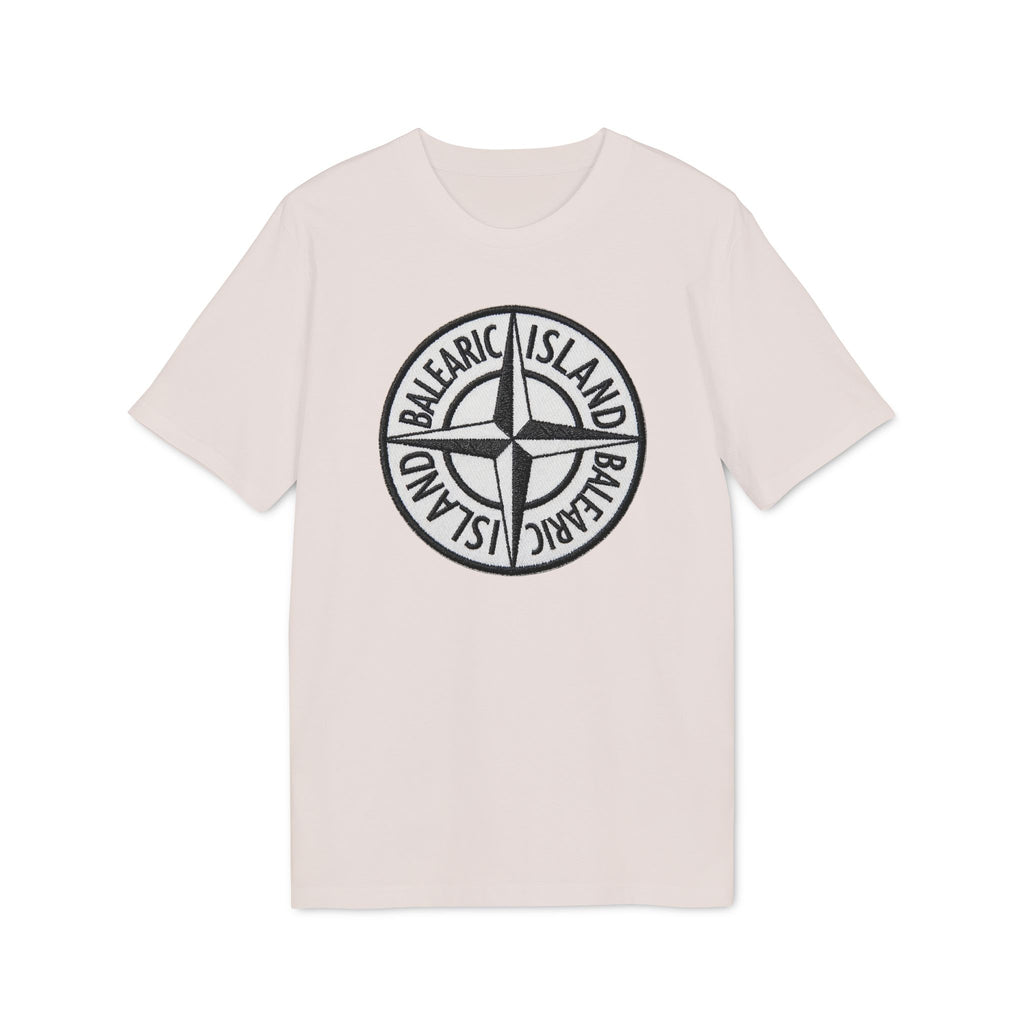 Balearic Blend T-shirt: Vintage White flat-lay of the compass badge graphic tee featuring a hyper-realistic patch print.
