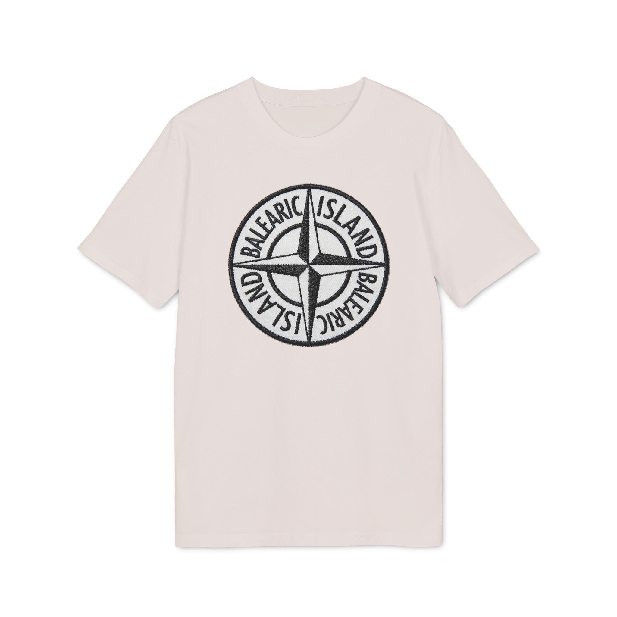 Balearic Blend T-shirt: Vintage White flat-lay of the compass badge graphic tee featuring a hyper-realistic patch print.