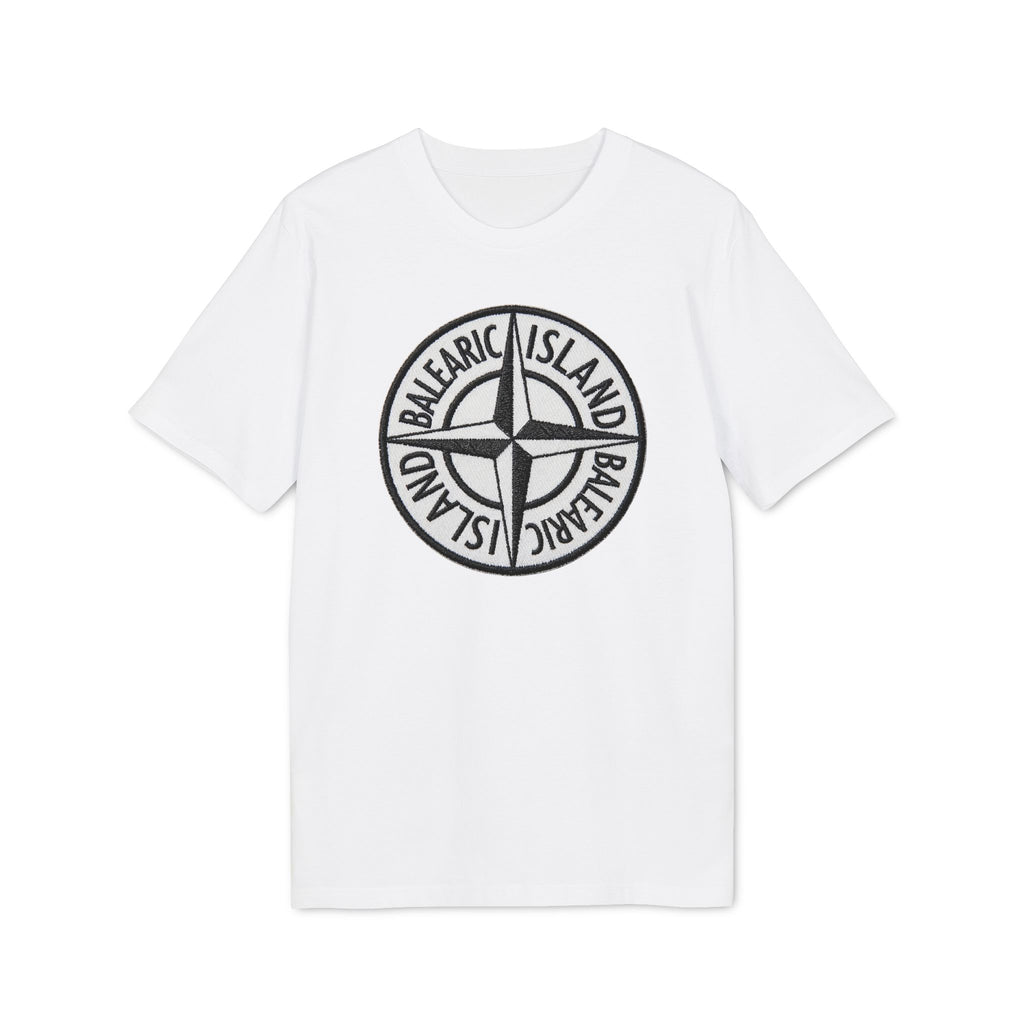 Balearic Blend T-shirt: White flat-lay of the compass badge graphic tee featuring a hyper-realistic patch print.