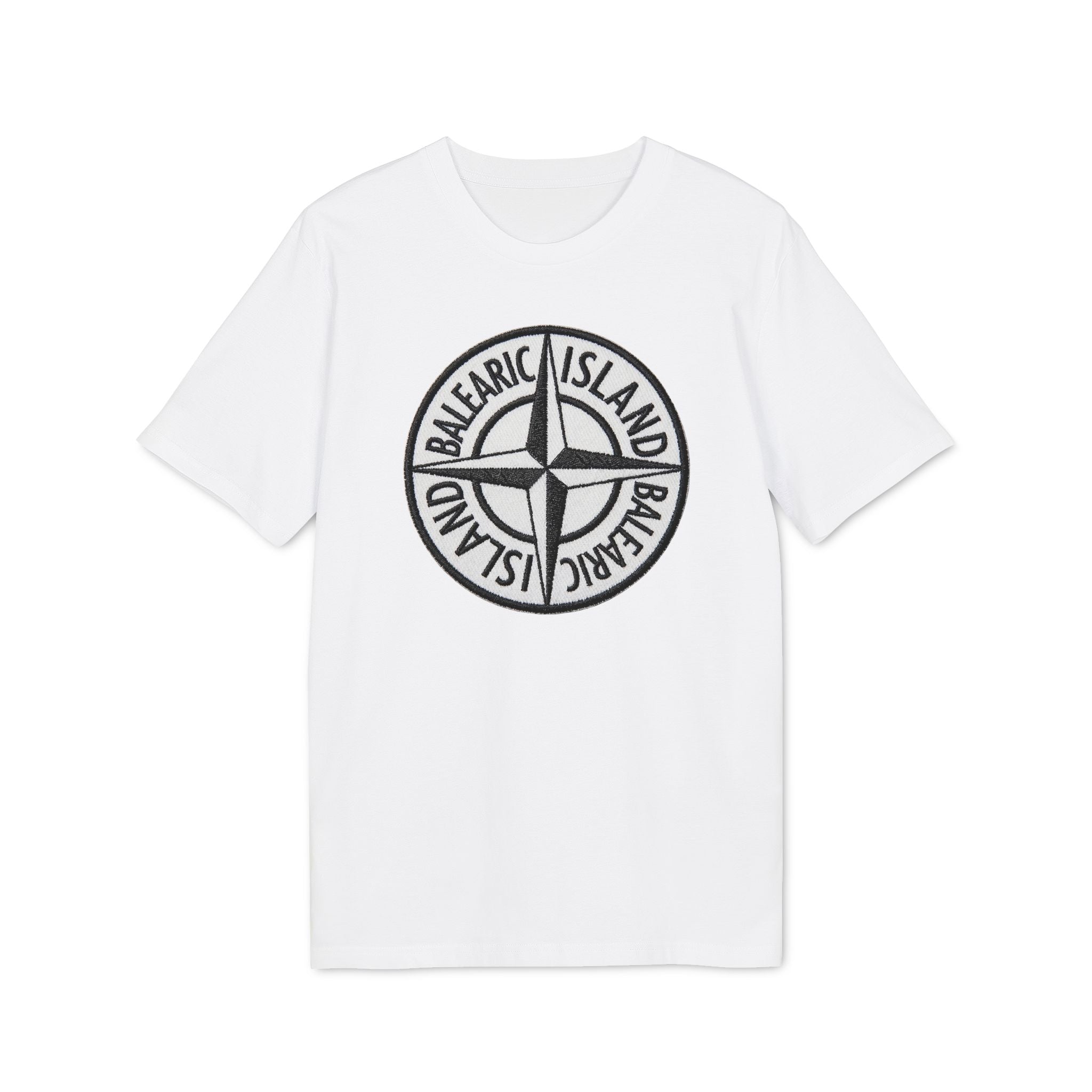 Balearic Blend T-shirt: White flat-lay of the compass badge graphic tee featuring a hyper-realistic patch print.