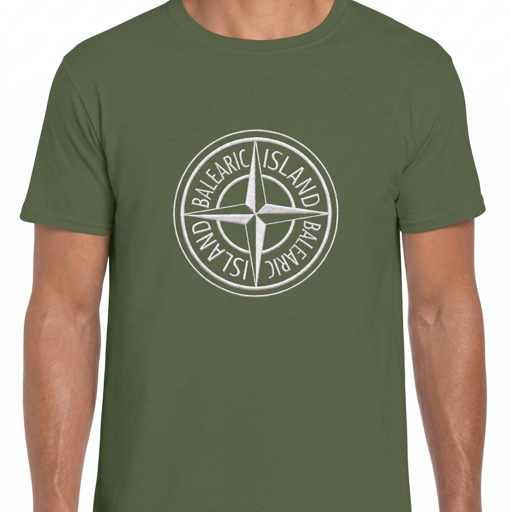 Balearic Blend T-shirt: Khaki flat-lay with a white inverted compass badge graphic reading Balearic Island on the chest.