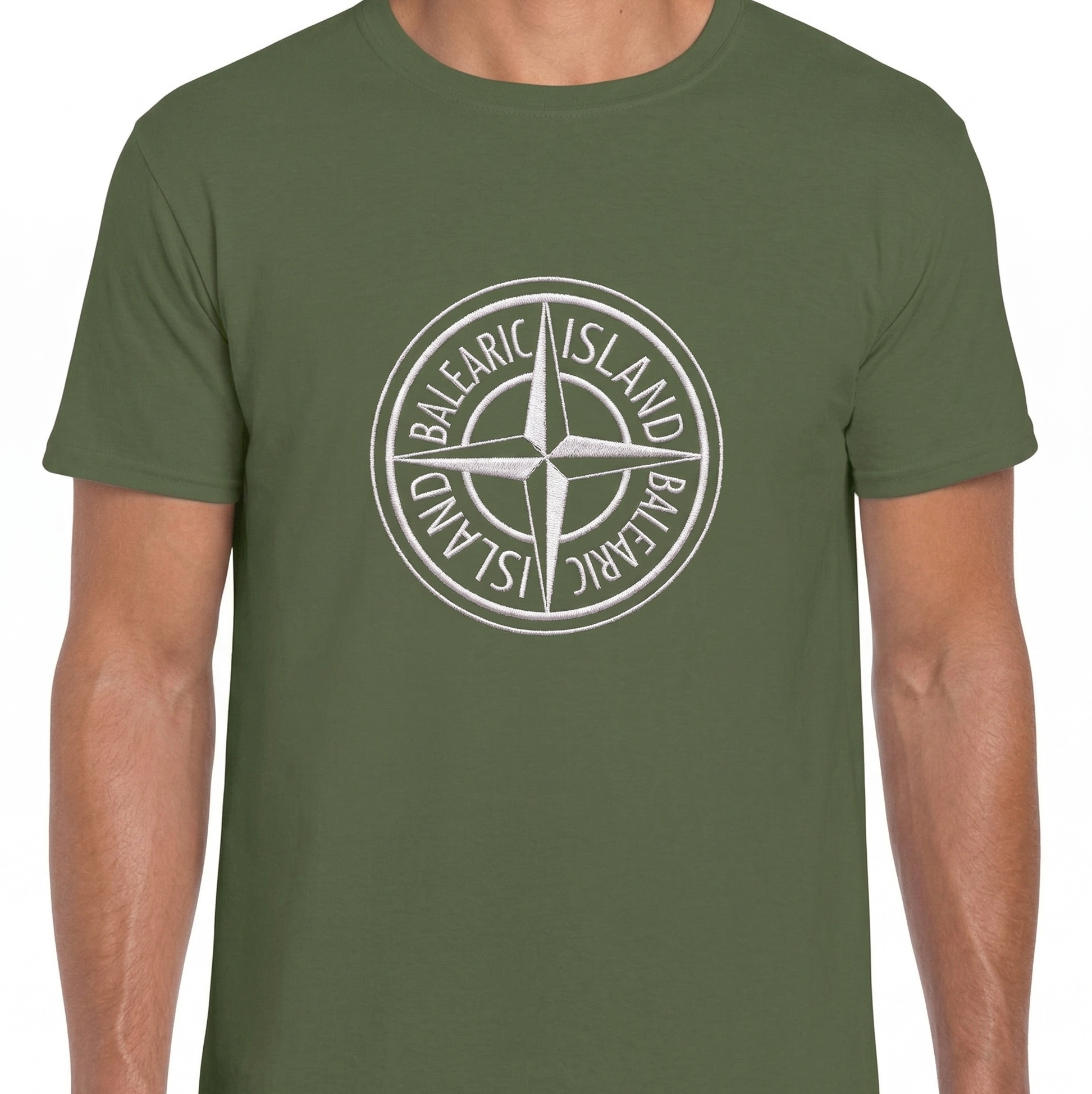 Balearic Blend T-shirt: Khaki flat-lay with a white inverted compass badge graphic reading Balearic Island on the chest.