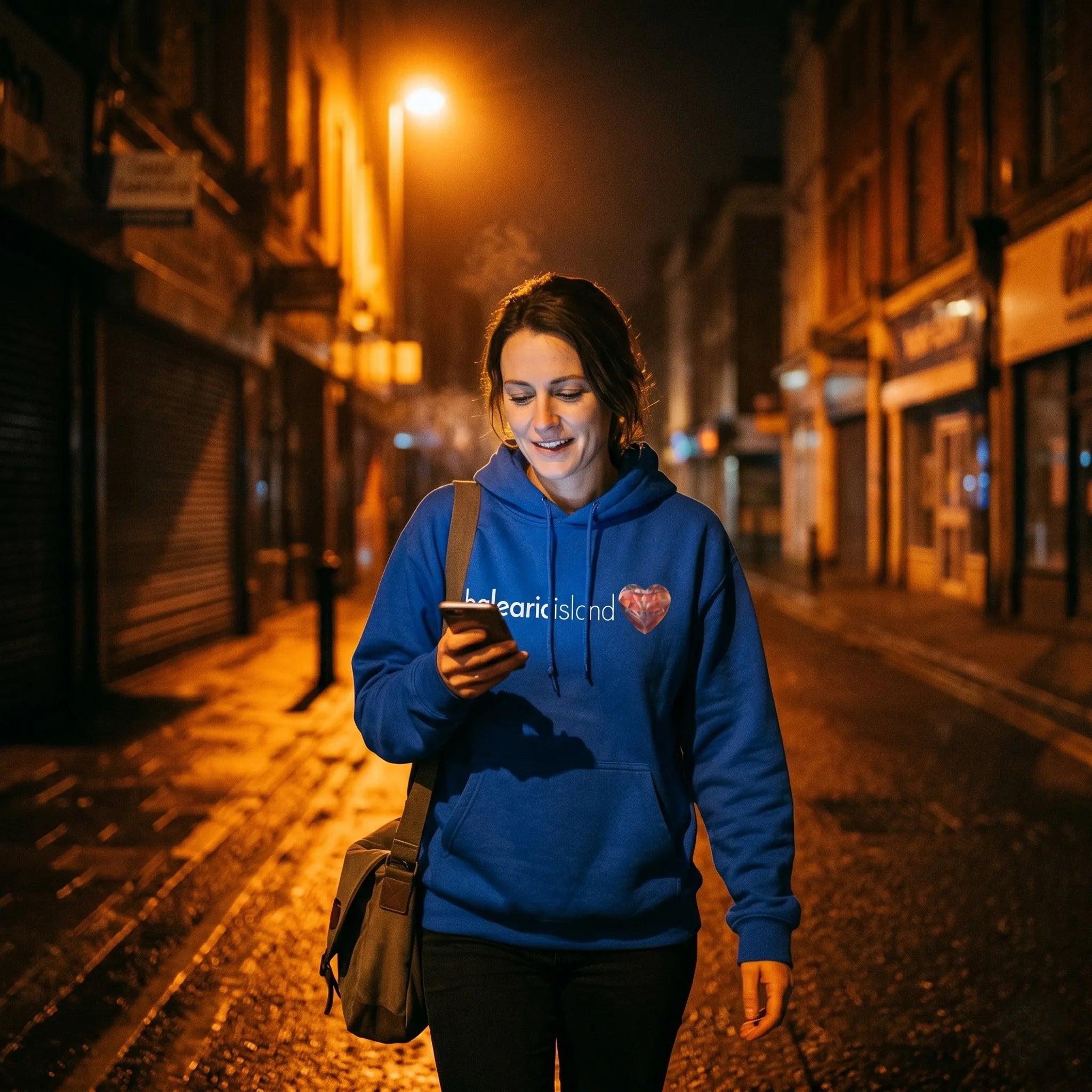 Person wearing a blue 'Balearic Island Summer Edit' hoodie in blue at night