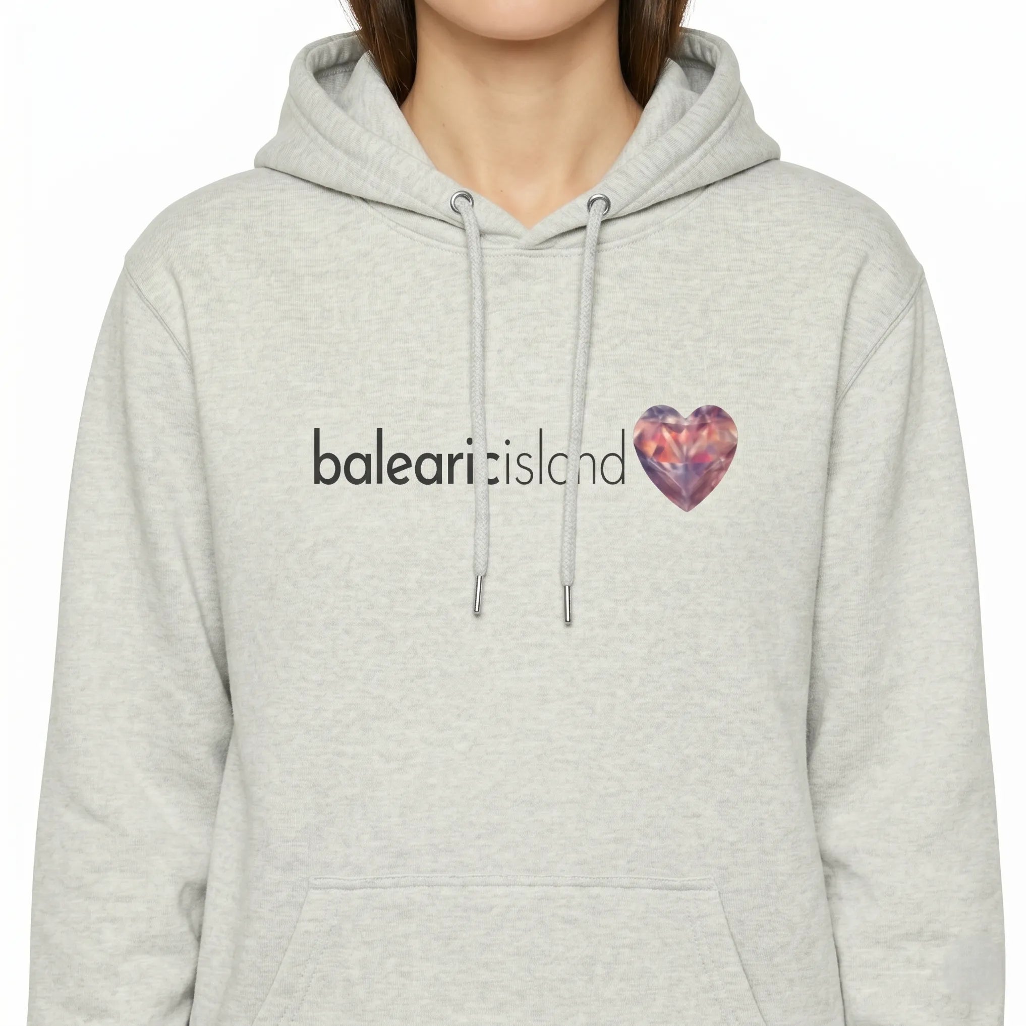 Gray hoodie with 'balearic island' text and heart design on a white background