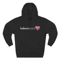 Black hoodie with 'balearic island' text and heart design.