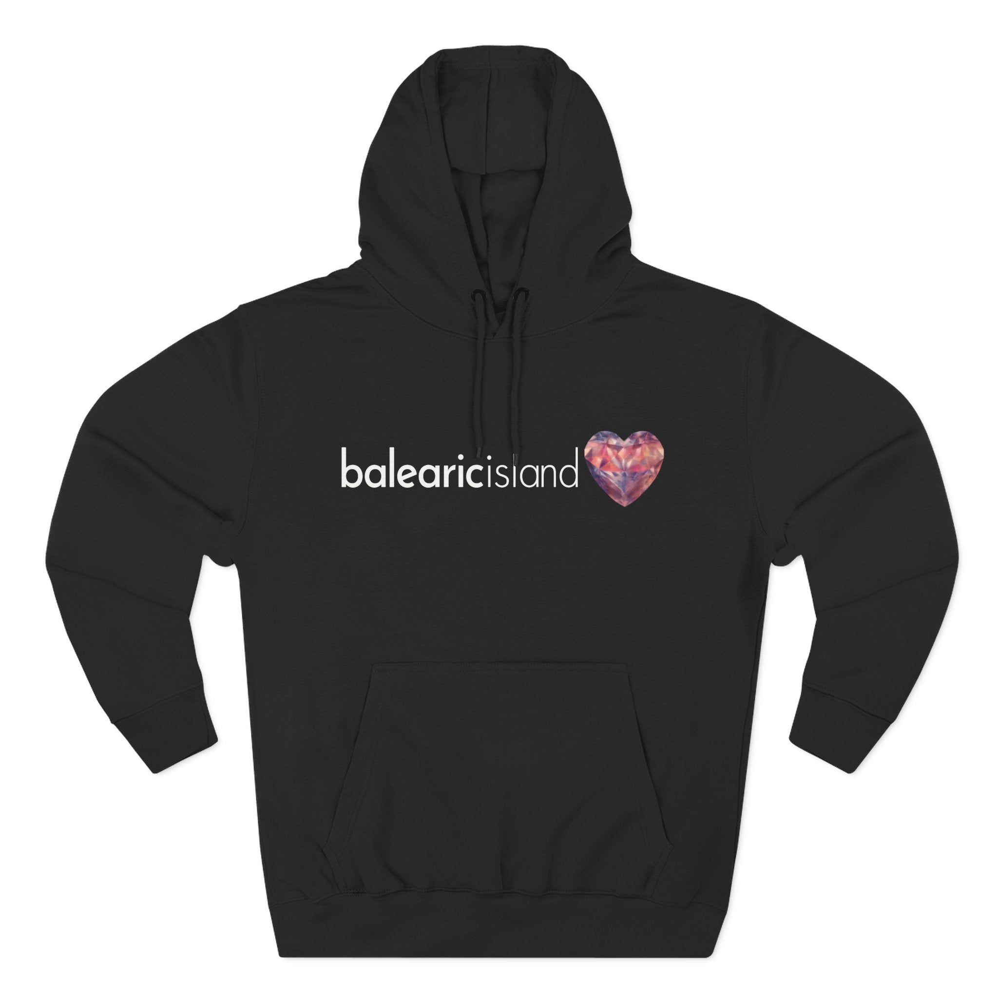 Black hoodie with 'balearic island' text and heart design.
