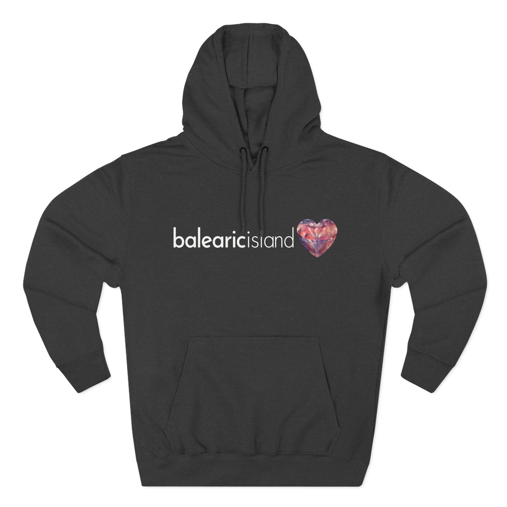 Charcoal Grey hoodie with 'balearic island' text and heart design.
