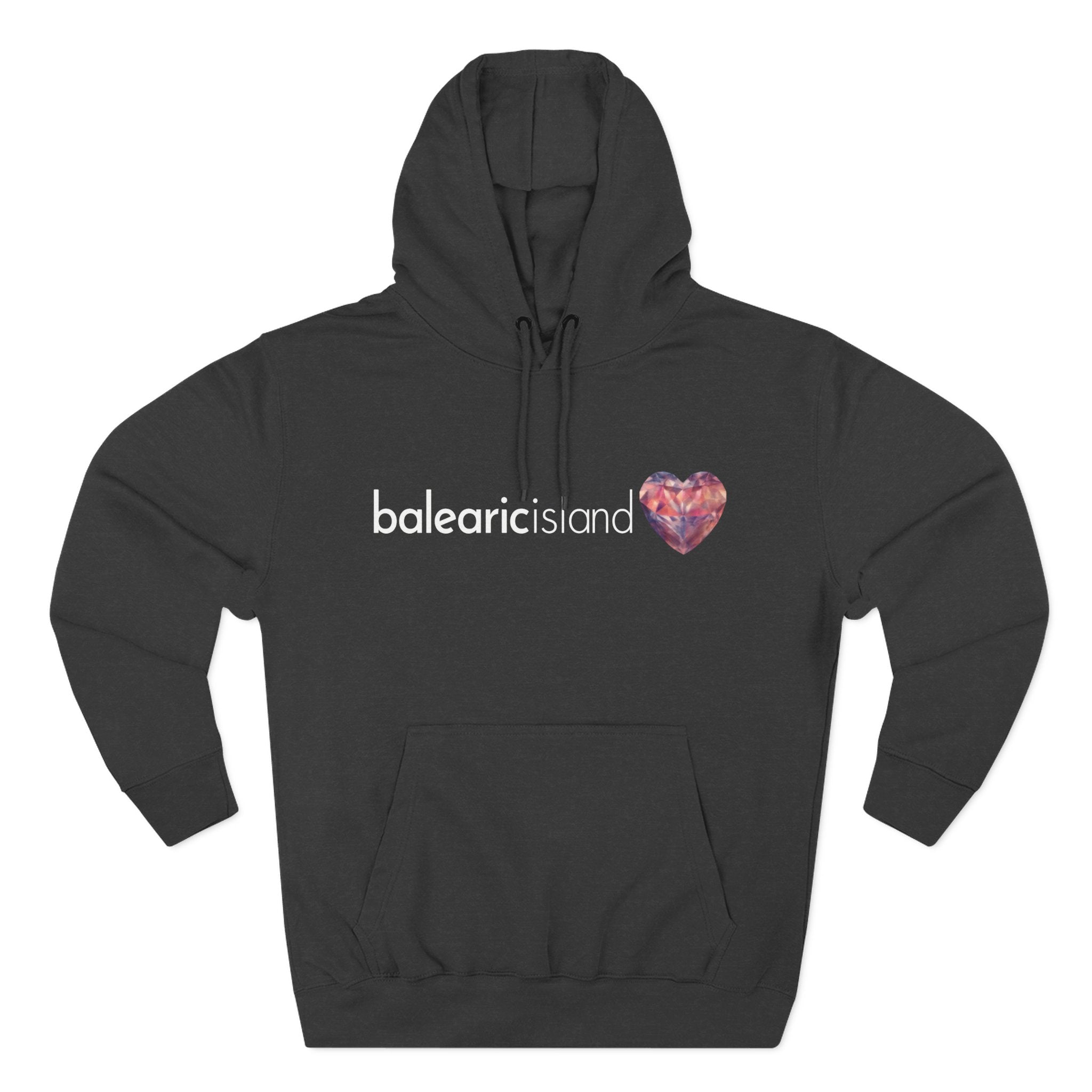 Charcoal Grey hoodie with 'balearic island' text and heart design.