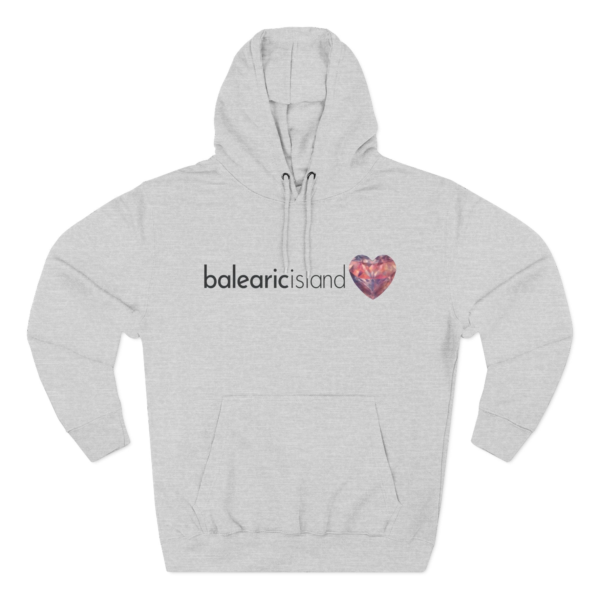 Gray hoodie with 'balearic island' text and heart graphic.