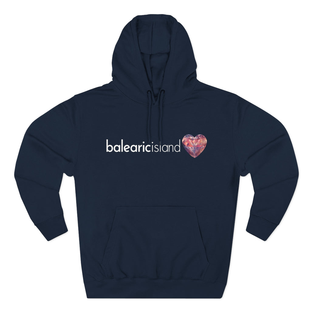 Navy blue hoodie with 'balearic island' text and heart design.